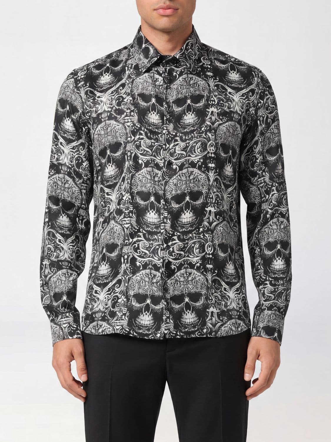 Philipp Plein Slim Fit Silk Shirt with All-Over Graphic Skull Print