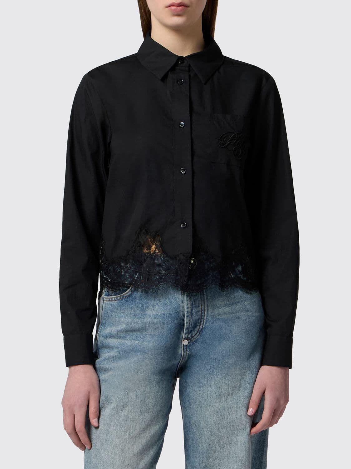Philipp Plein Cotton Shirt with French Collar and Lace Inserts