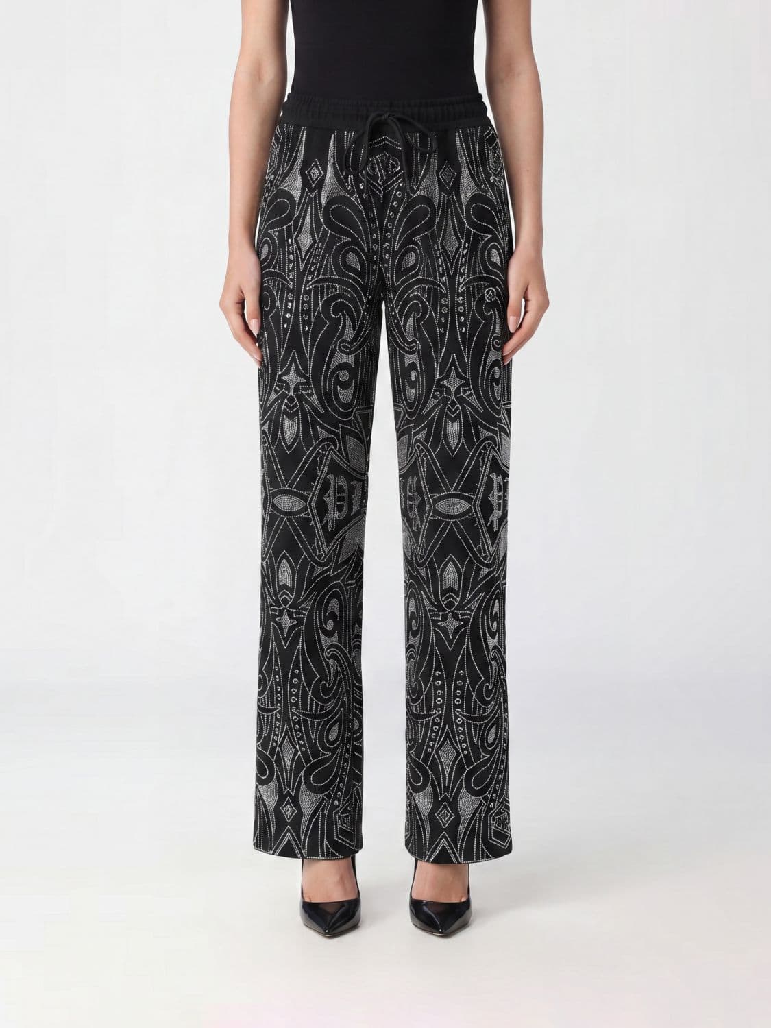 Philipp Plein Gothic Wide-Leg Cotton-Blend Trousers with Rhinestone Logo
