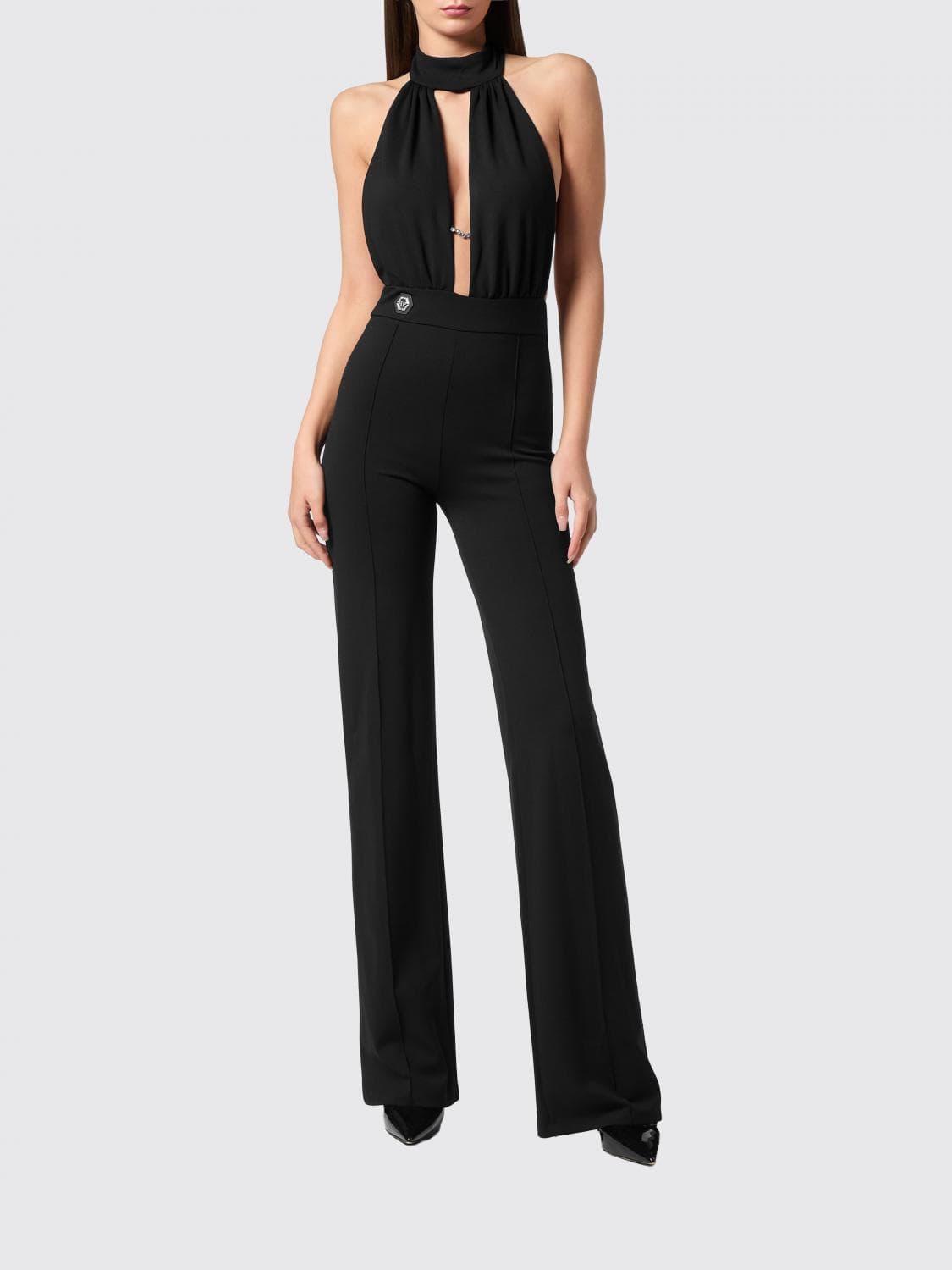 Philipp Plein Crêpe Halterneck Jumpsuit with a Deep V-Neck
