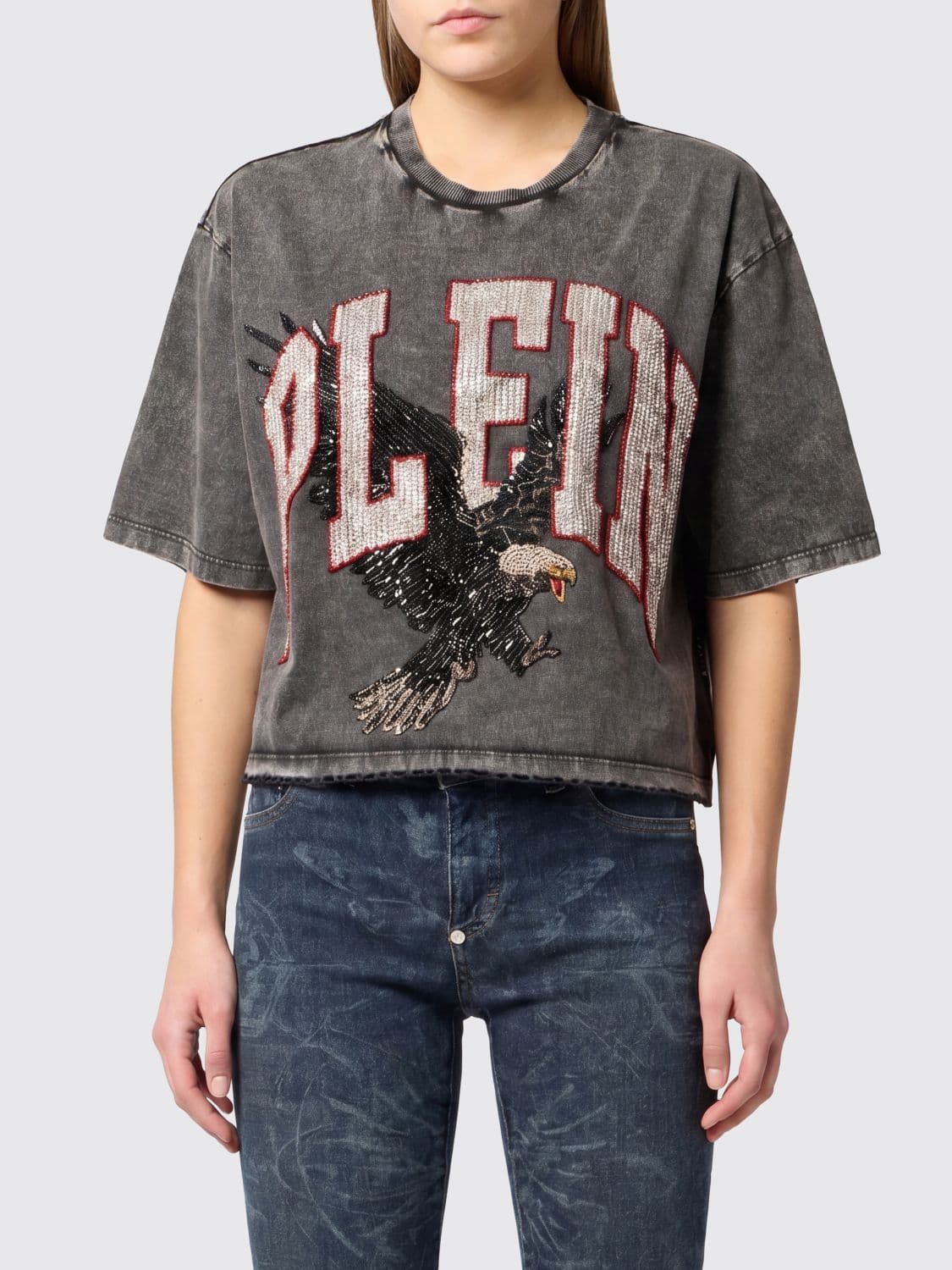 Philipp Plein Cotton Crewneck T-Shirt with Graphic Print, Rhinestones and Sequins