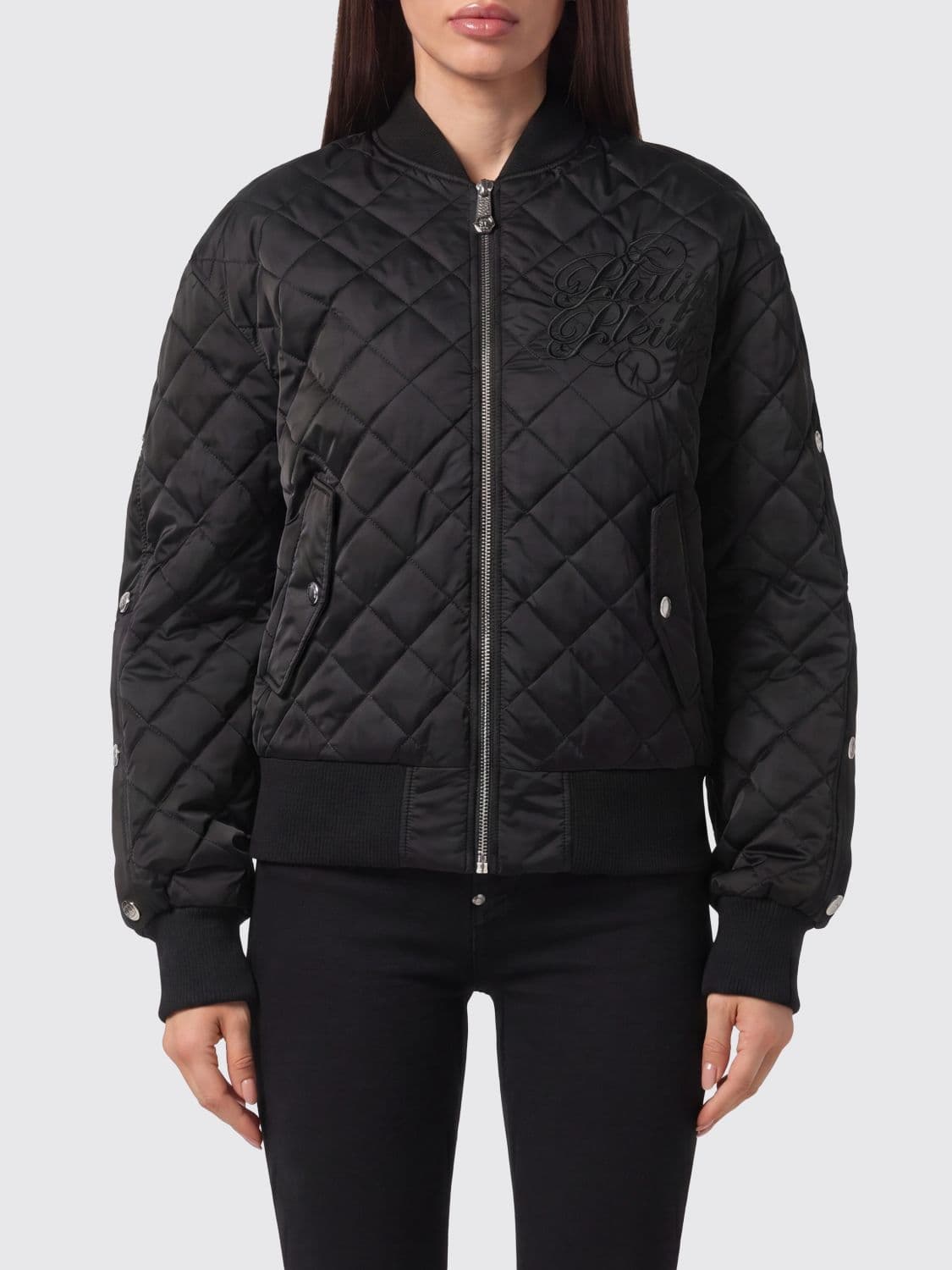 Philipp Plein Cropped Quilted Nylon Bomber Jacket with Embroidered Collar