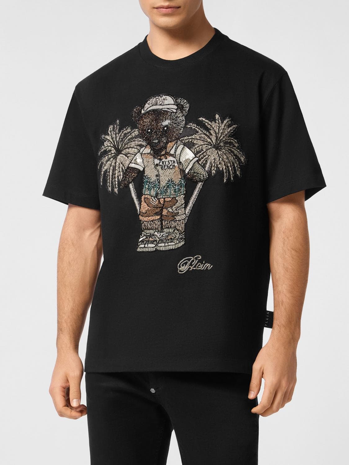 Philipp Plein Cotton T-Shirt with Teddy Bear Print and Beaded Embroidery