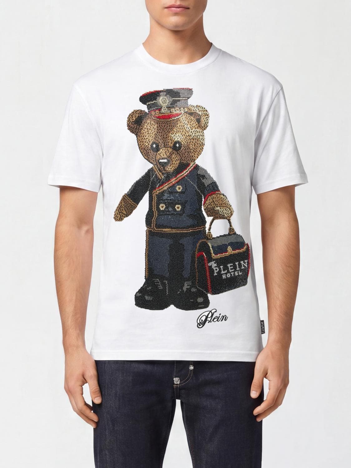 Philipp Plein Slim Fit Cotton T-Shirt with Teddy Bear Print and Crystals