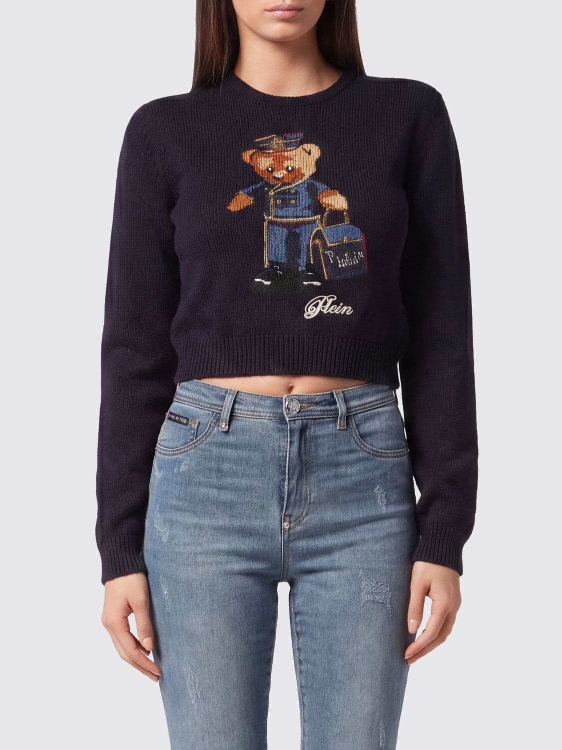 Philipp Plein Slim Fit Cotton Crewneck Jumper with Jacquard Teddy Bear Print