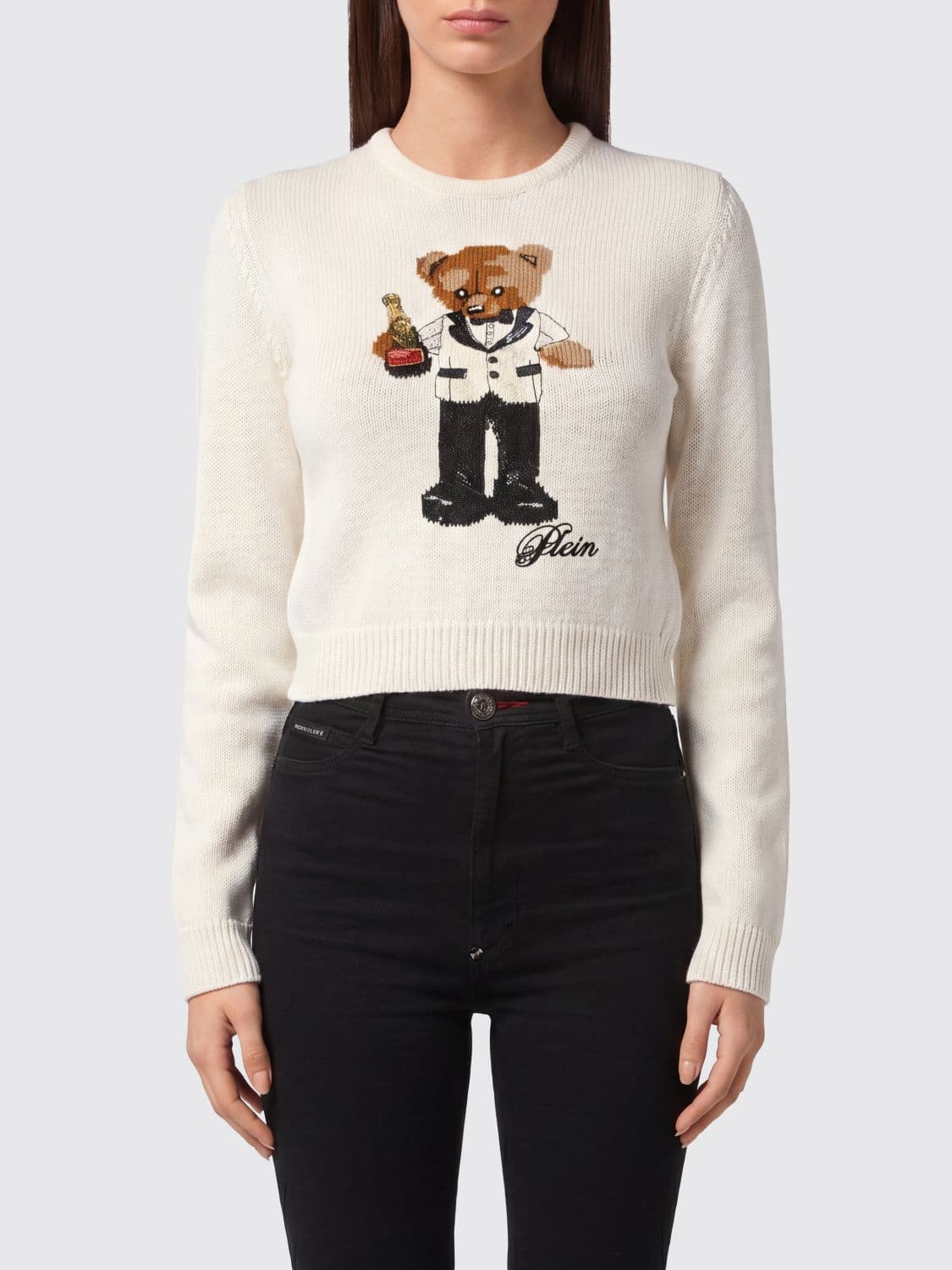 Philipp Plein Slim Fit Wool-Blend Crewneck Jumper with Teddy Bear Print · S