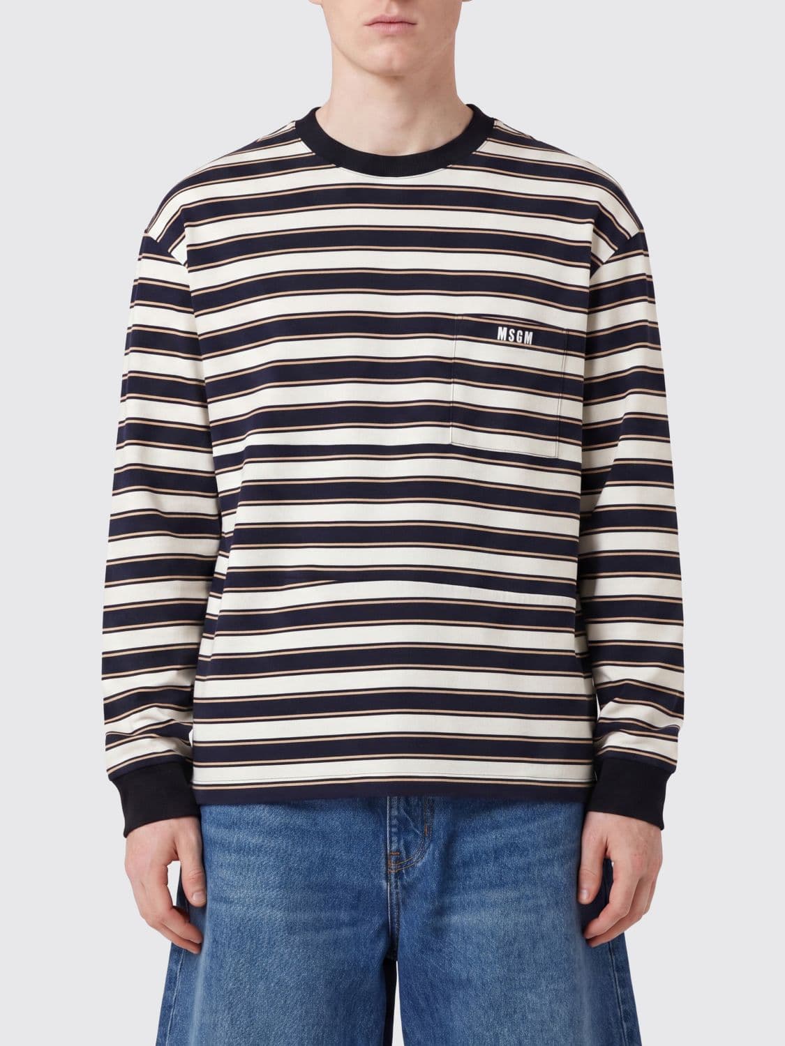 Msgm Striped Long-Sleeved Cotton T-Shirt with Crew Neck