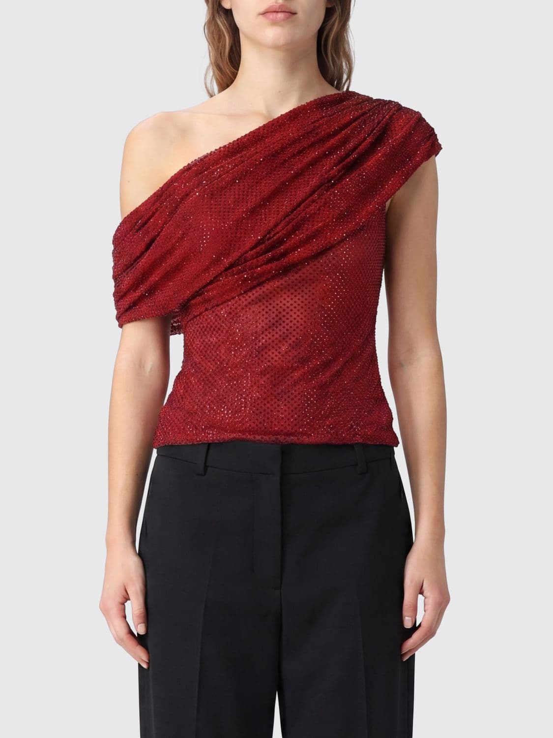Self-Portrait Draped One-Shoulder Top with Crystal Embellishment