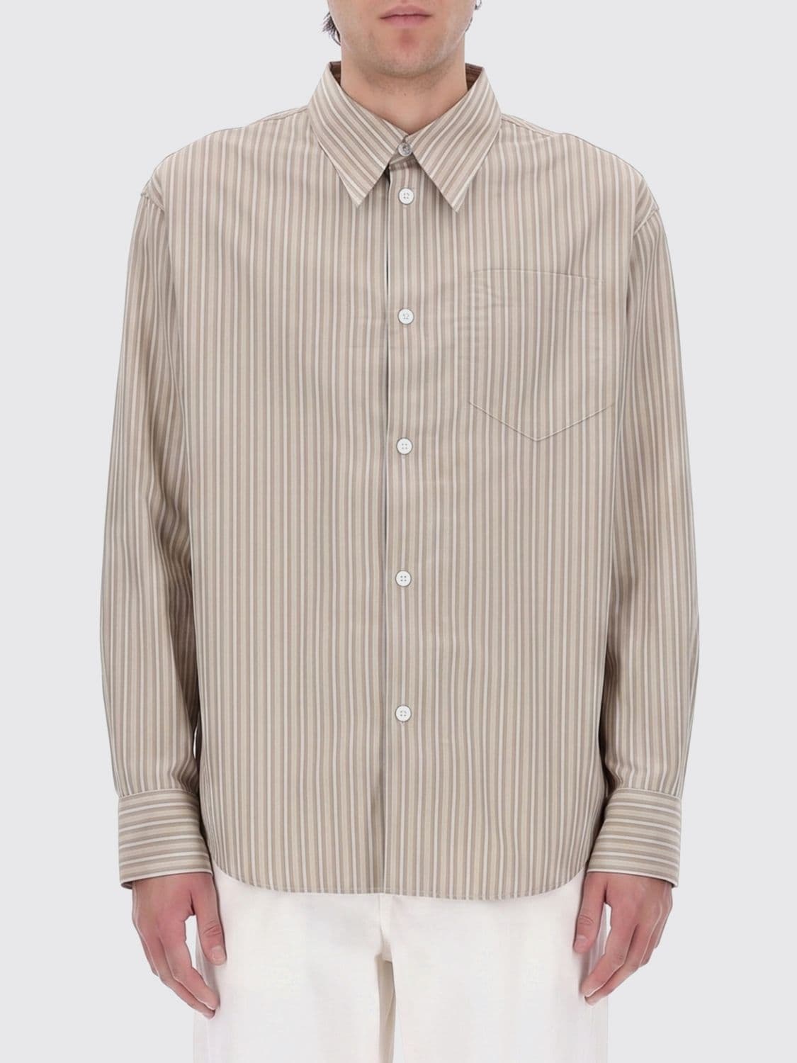 Ami Paris Striped Cotton Shirt with a Point Collar and Chest Patch Pocket