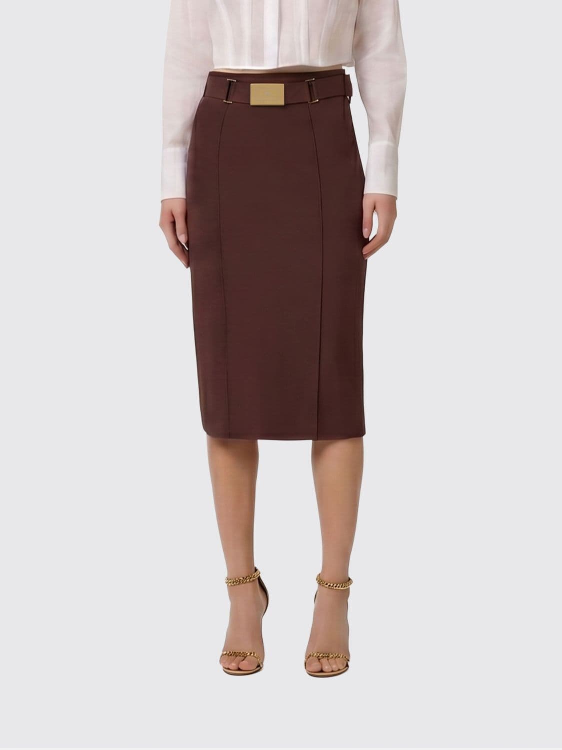 Elisabetta Franchi Monogram Print Crêpe Midi Pencil Skirt with High Waist