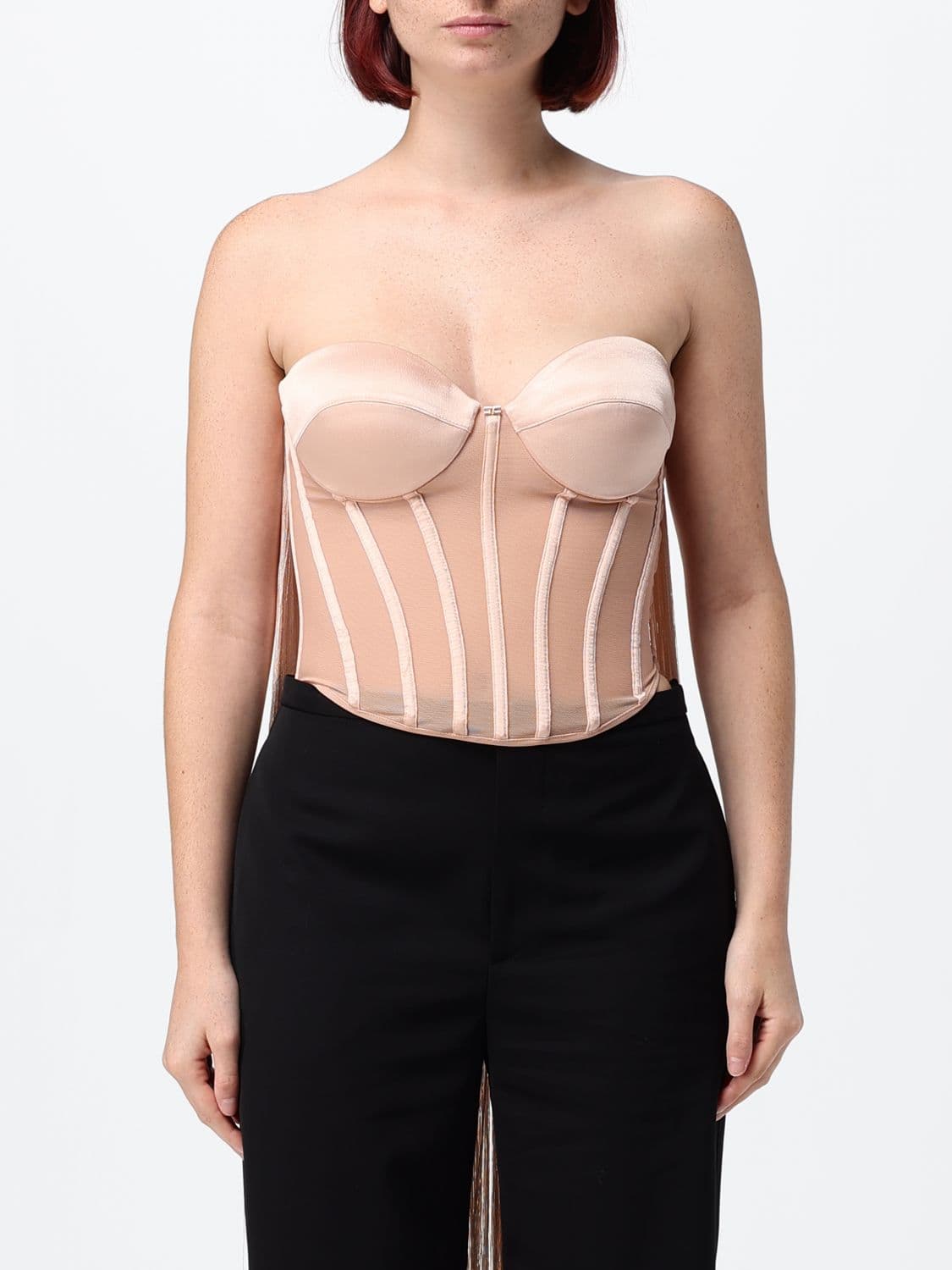 Elisabetta Franchi Satin Bustier Top with Sweetheart Neckline and Fringes