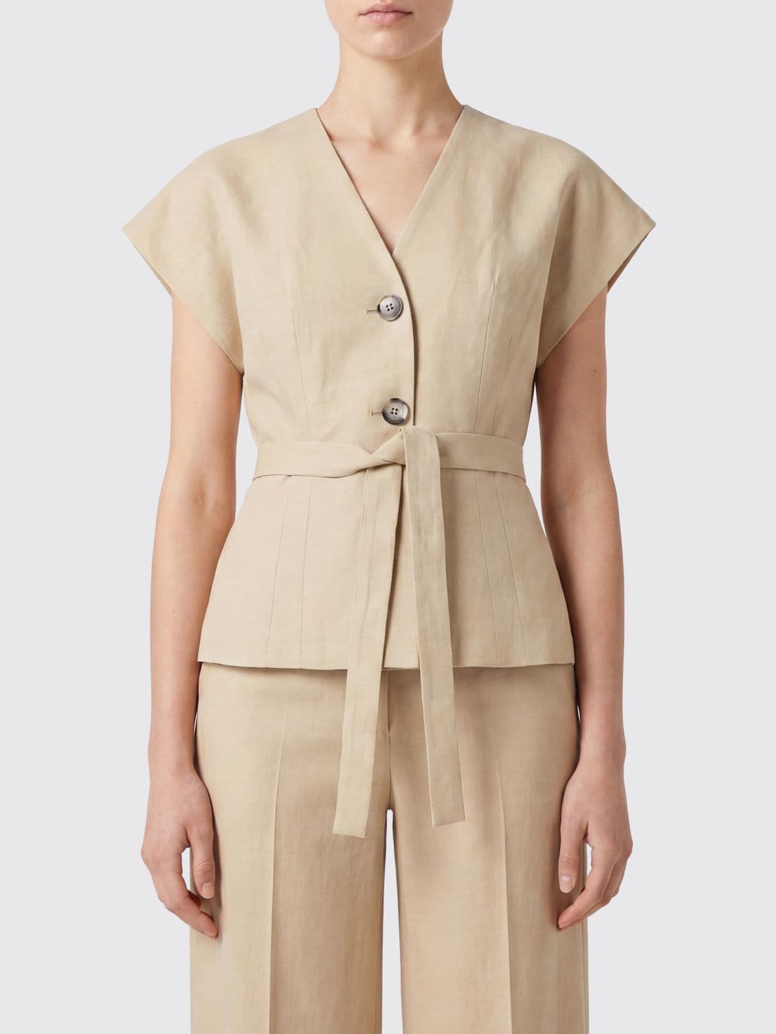 Paul Smith V-Neck Linen Blouse with Tie-Waist Belt