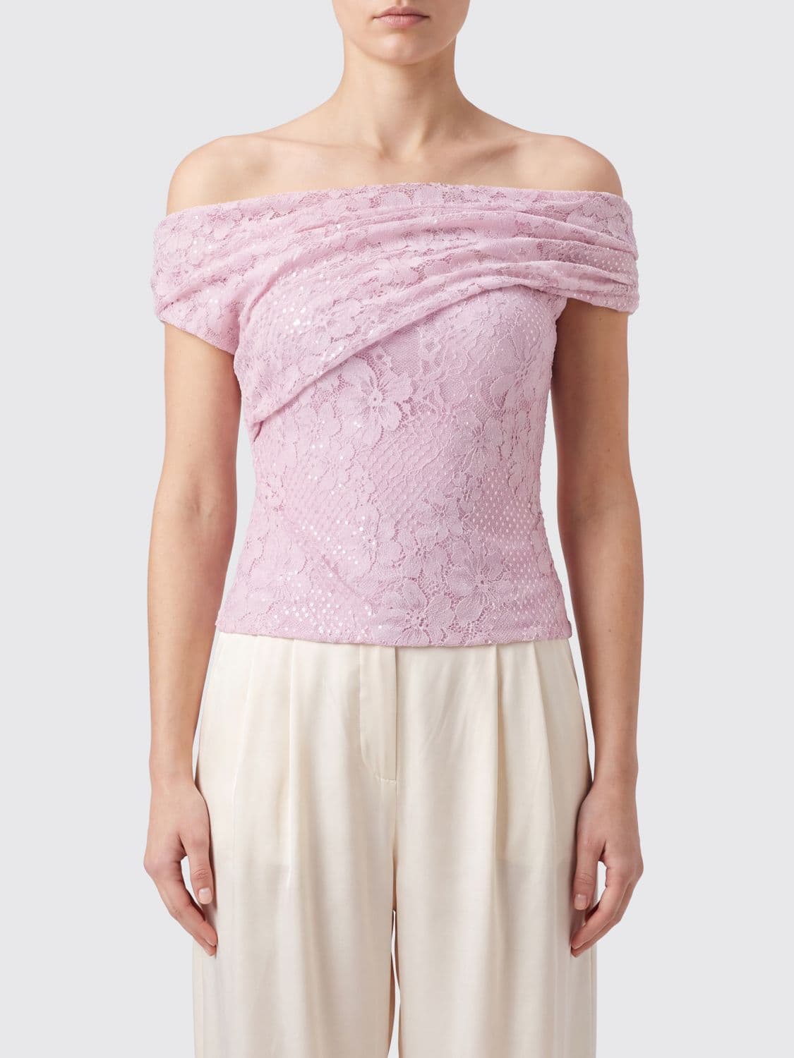 Self-Portrait Off-the-Shoulder Lace Slim Fit Top with Straight Neckline
