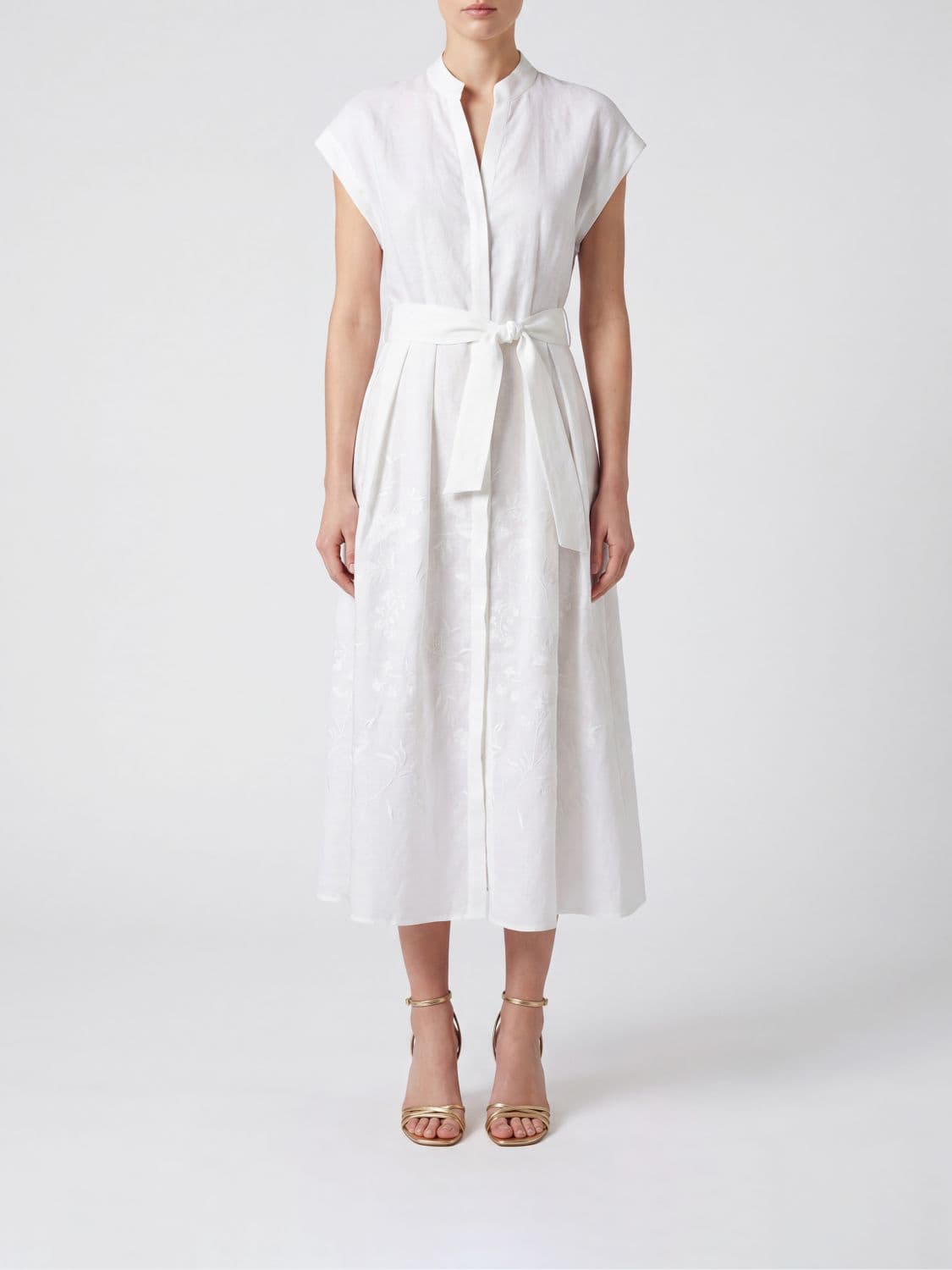 Eleventy Linen Midi Chemisier Dress with Belt and Mandarin Collar