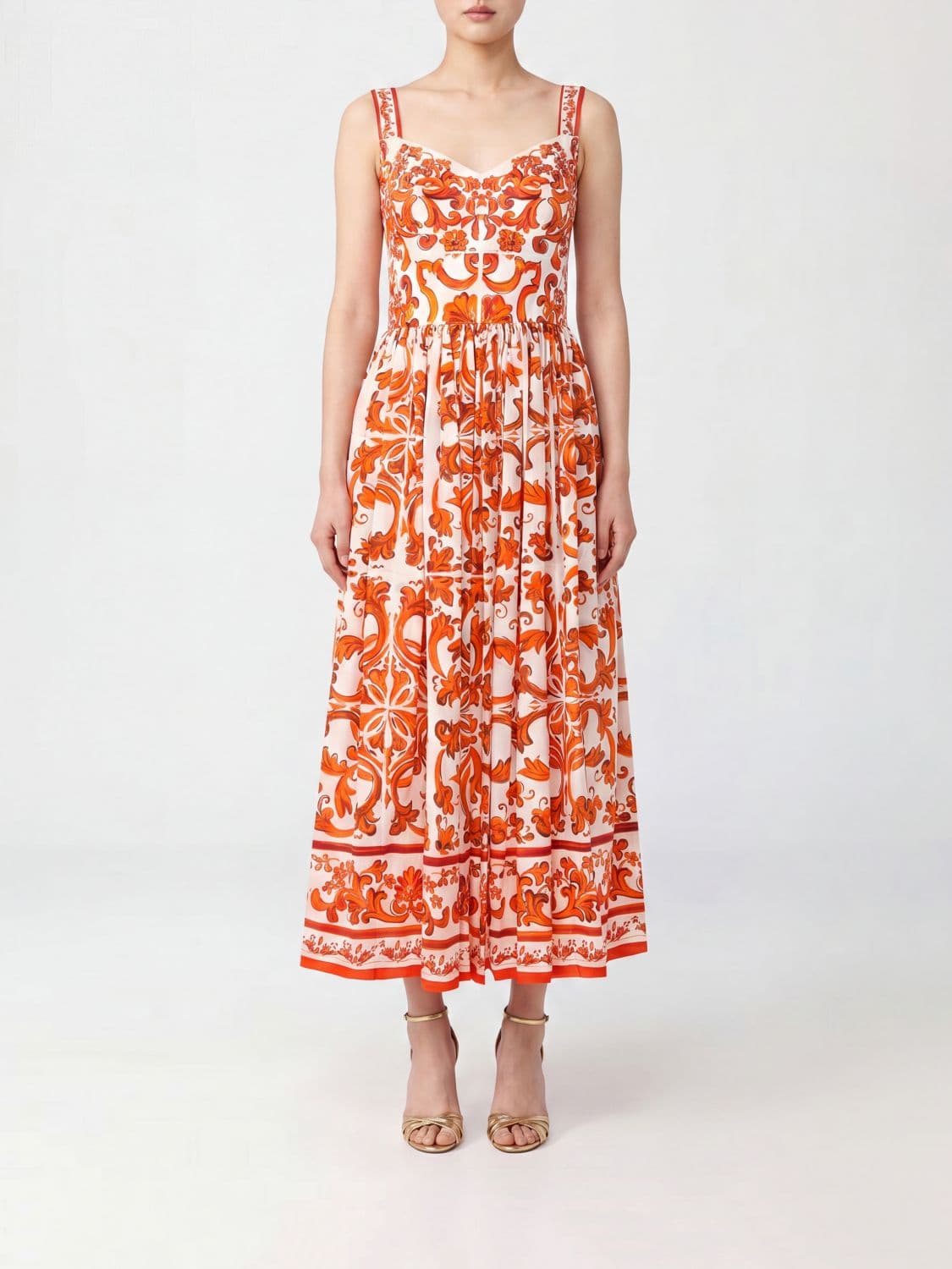 Dolce & Gabbana Majolica-Print Off-the-Shoulder Cotton Midi Dress · 42