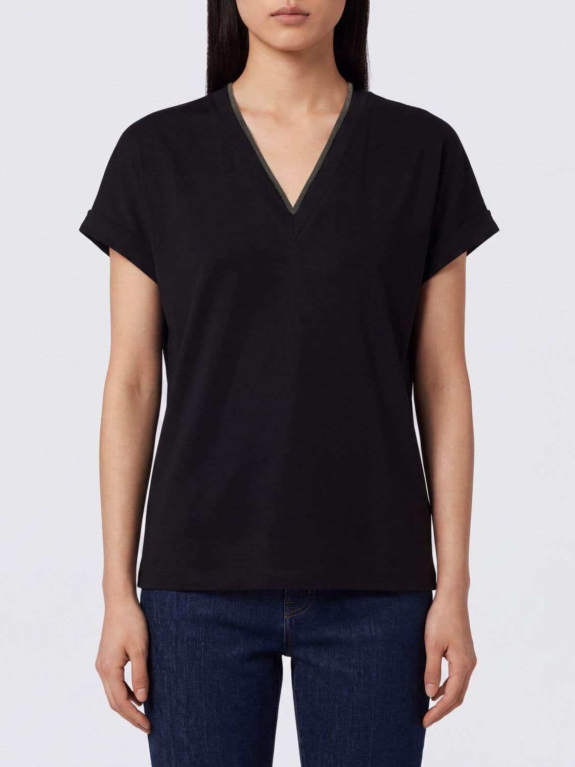 Brunello Cucinelli V-Neck Cotton Top with Monili Detail · L
