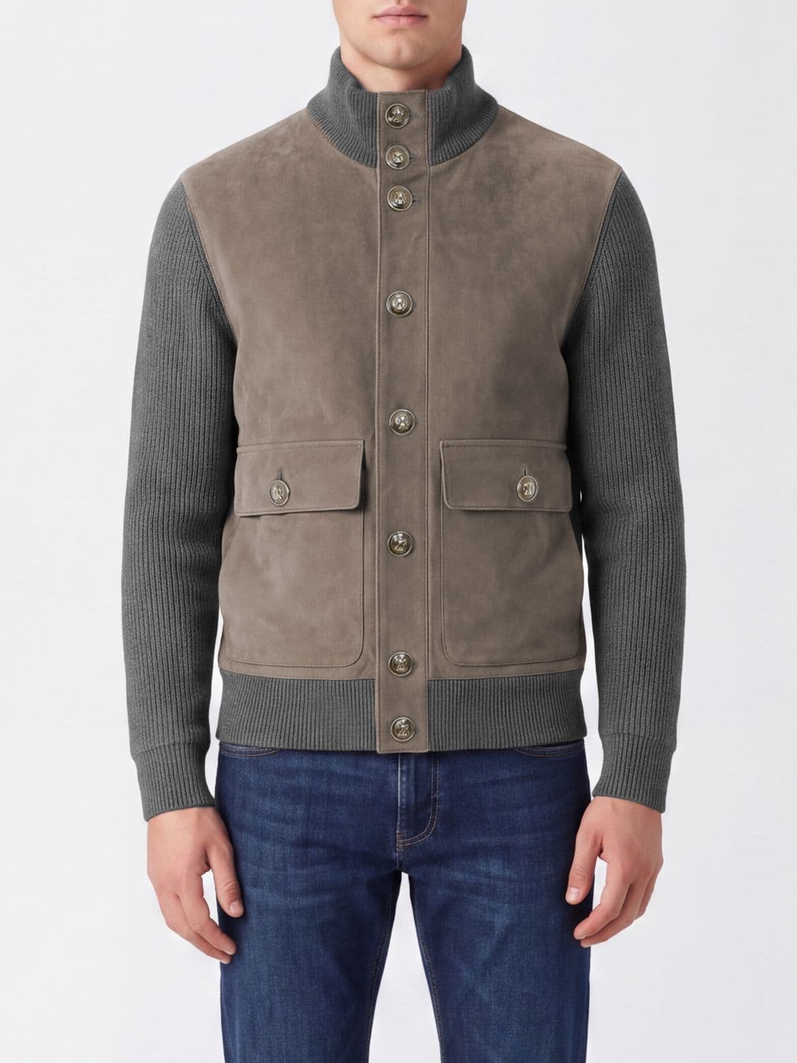 Brunello Cucinelli Suede Calfskin Bomber Jacket with Knit Details