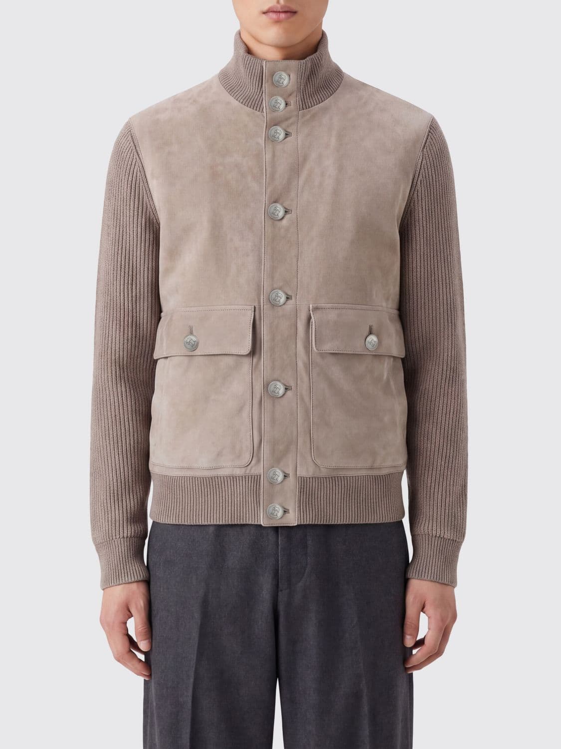 Brunello Cucinelli Suede Calfskin Bomber Jacket with Knit Details · M