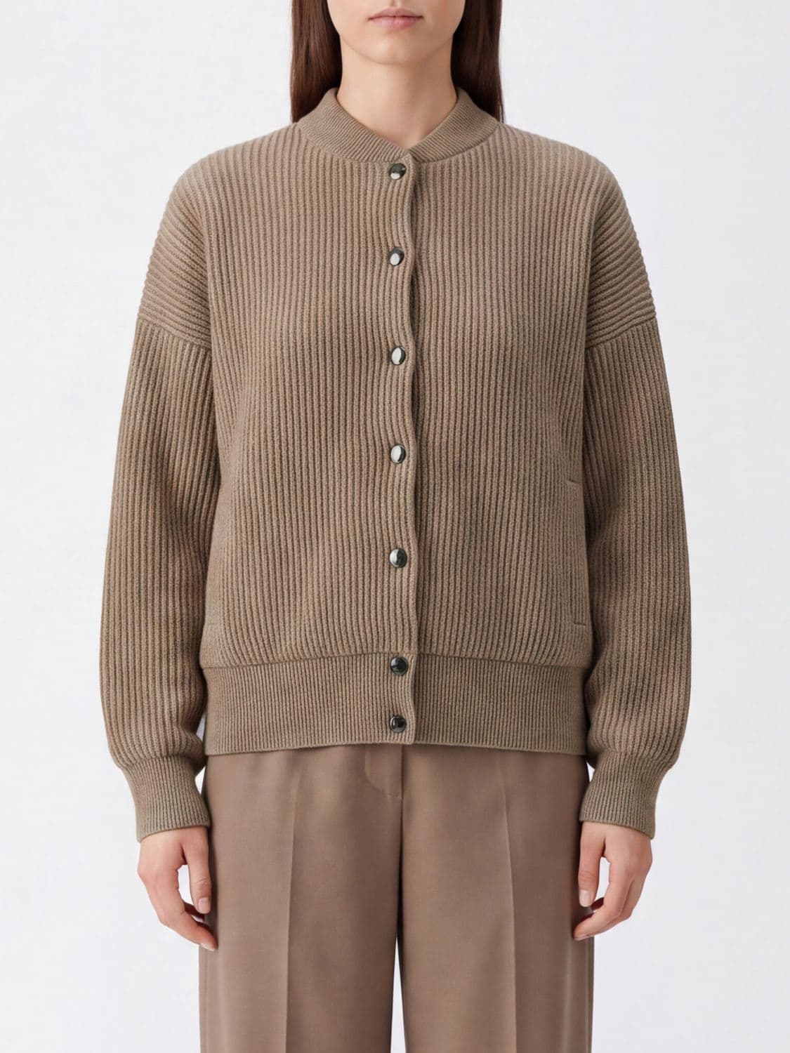 Brunello Cucinelli Pure Cashmere Cardigan with Bomber Collar and Slit Pockets