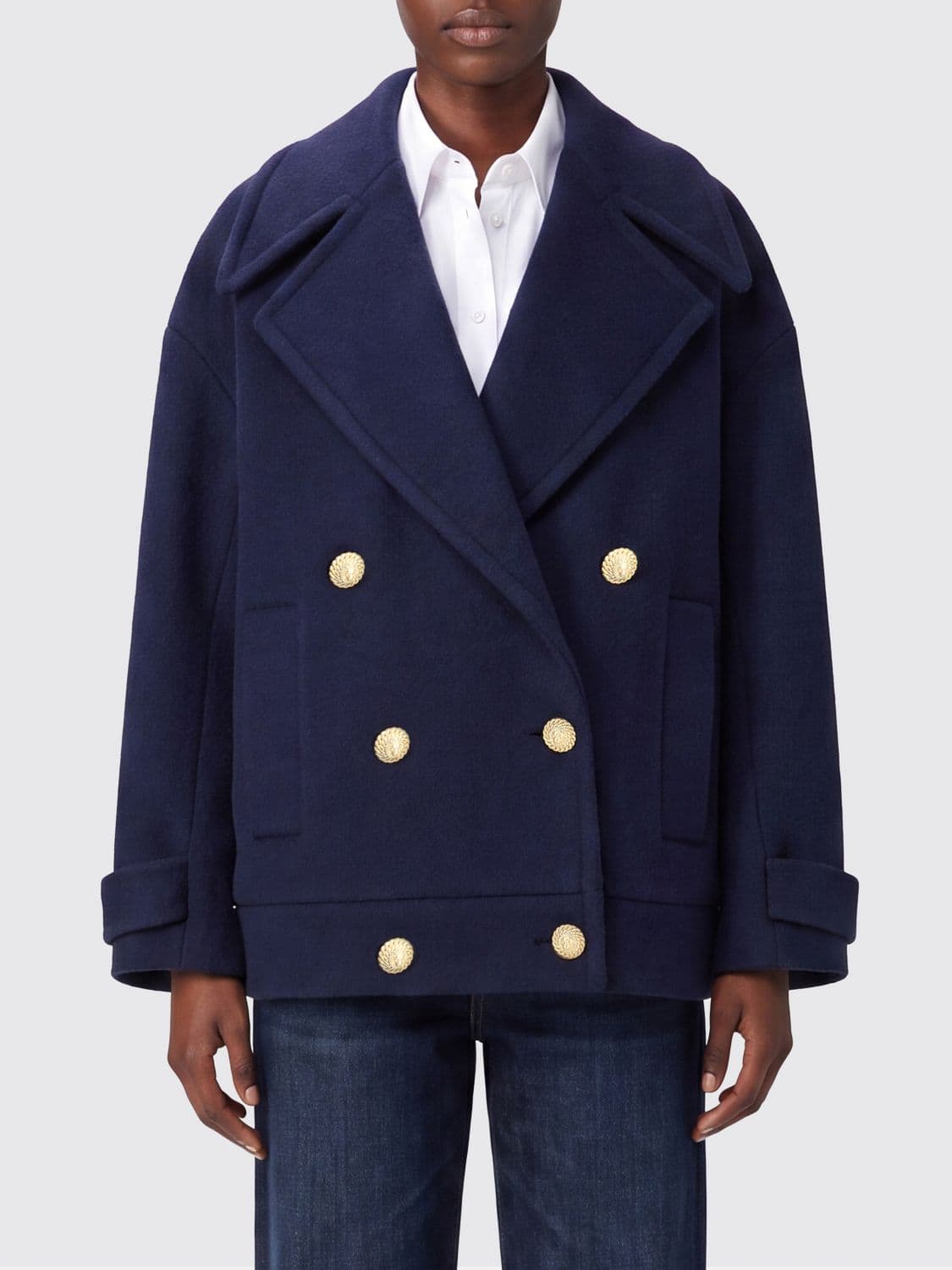 Balmain Relaxed Fit Double-Breasted Merino Wool Short Coat with Lapels