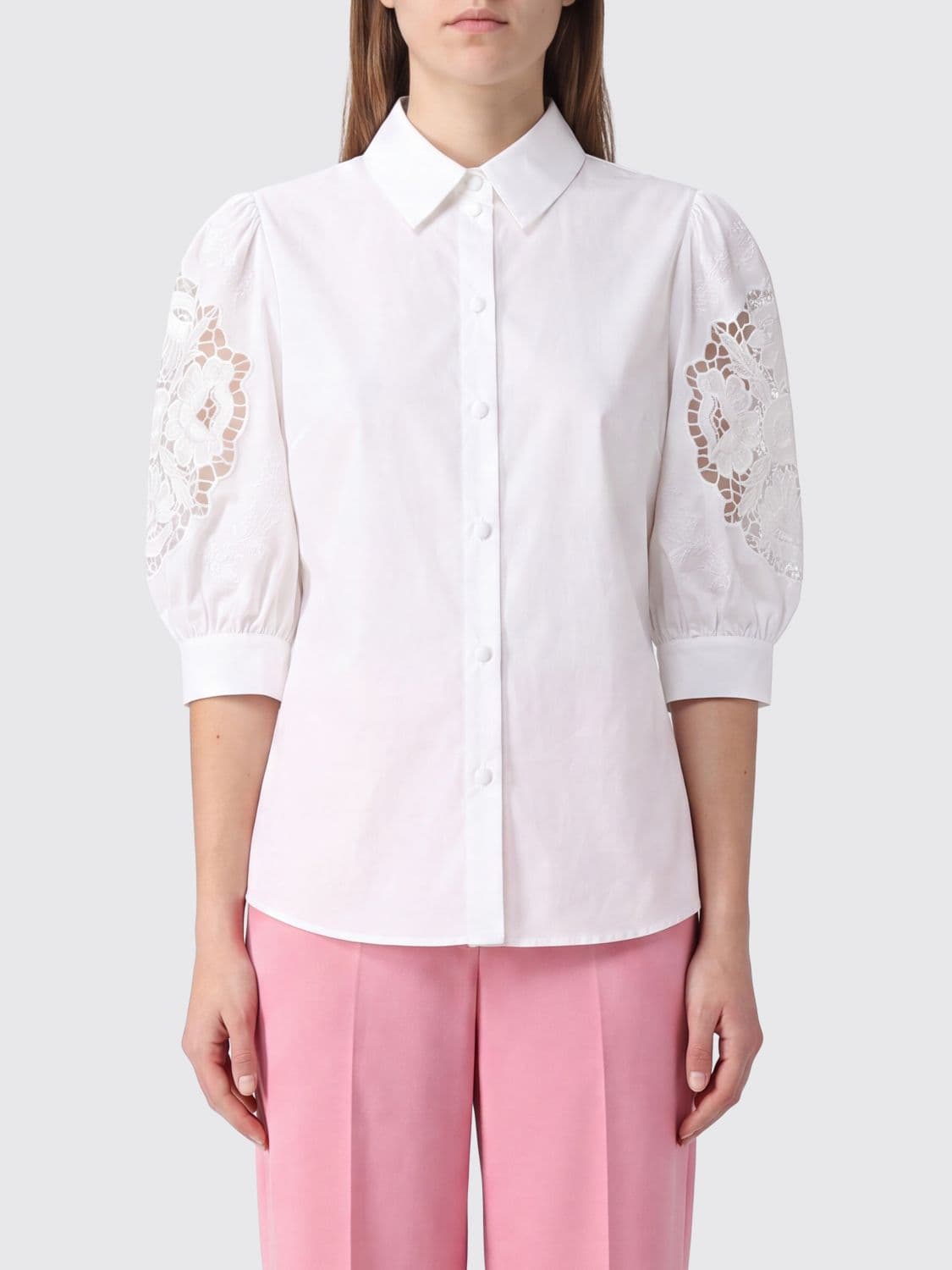 Valentino Garavani Cotton Poplin Shirt with Puff Sleeves and Macramé Inserts