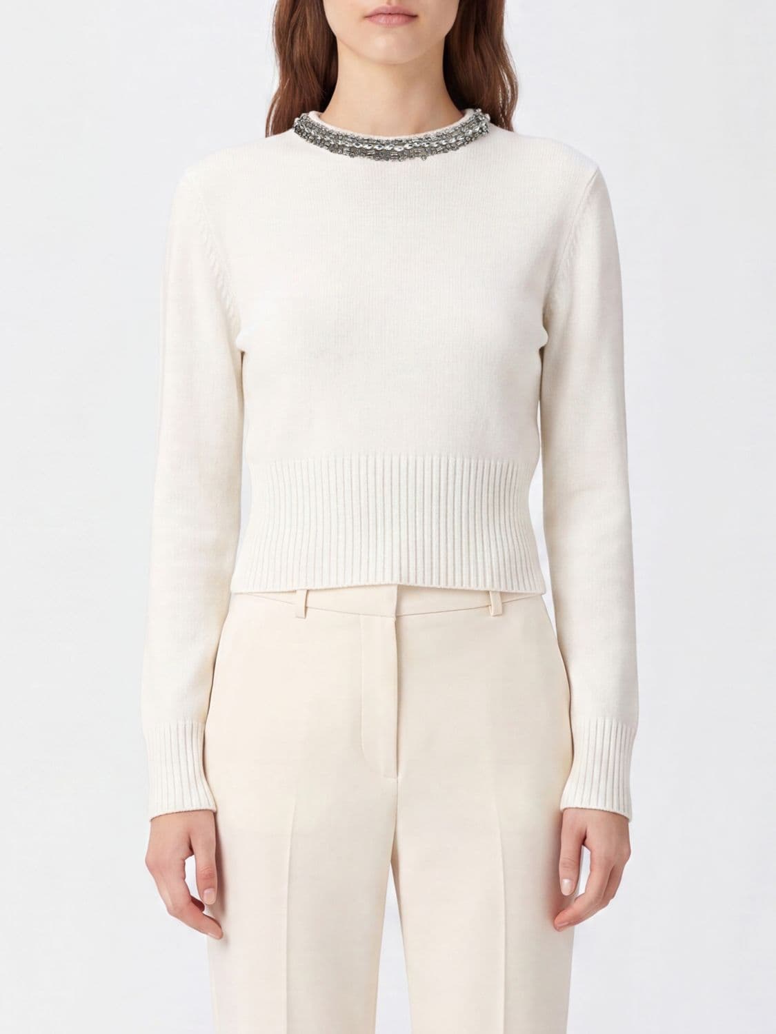 Pinko Barlino Slim Fit Wool-Blend Jumper with Embroidery and Rhinestones