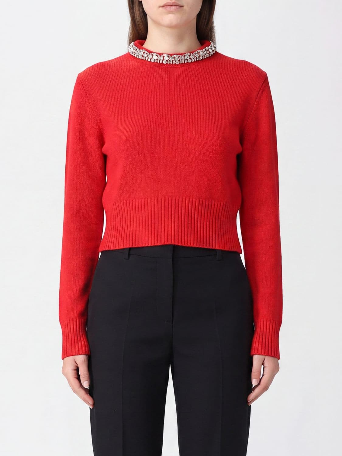 Pinko Barlino Slim Fit Wool-Blend Jumper with Embroidery and Rhinestones