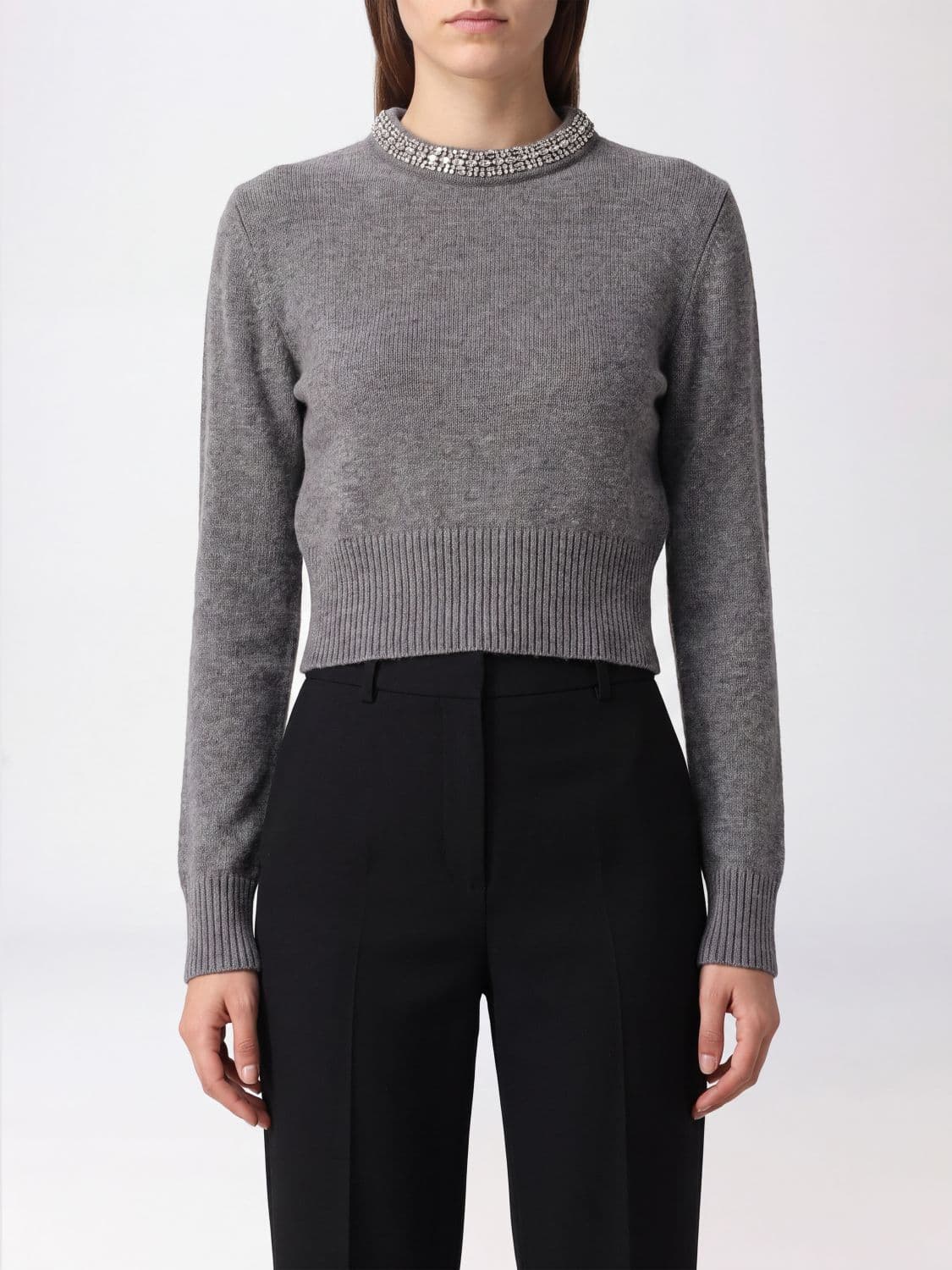 Pinko Barlino Slim Fit Wool-Blend Jumper with Embroidery and Rhinestones