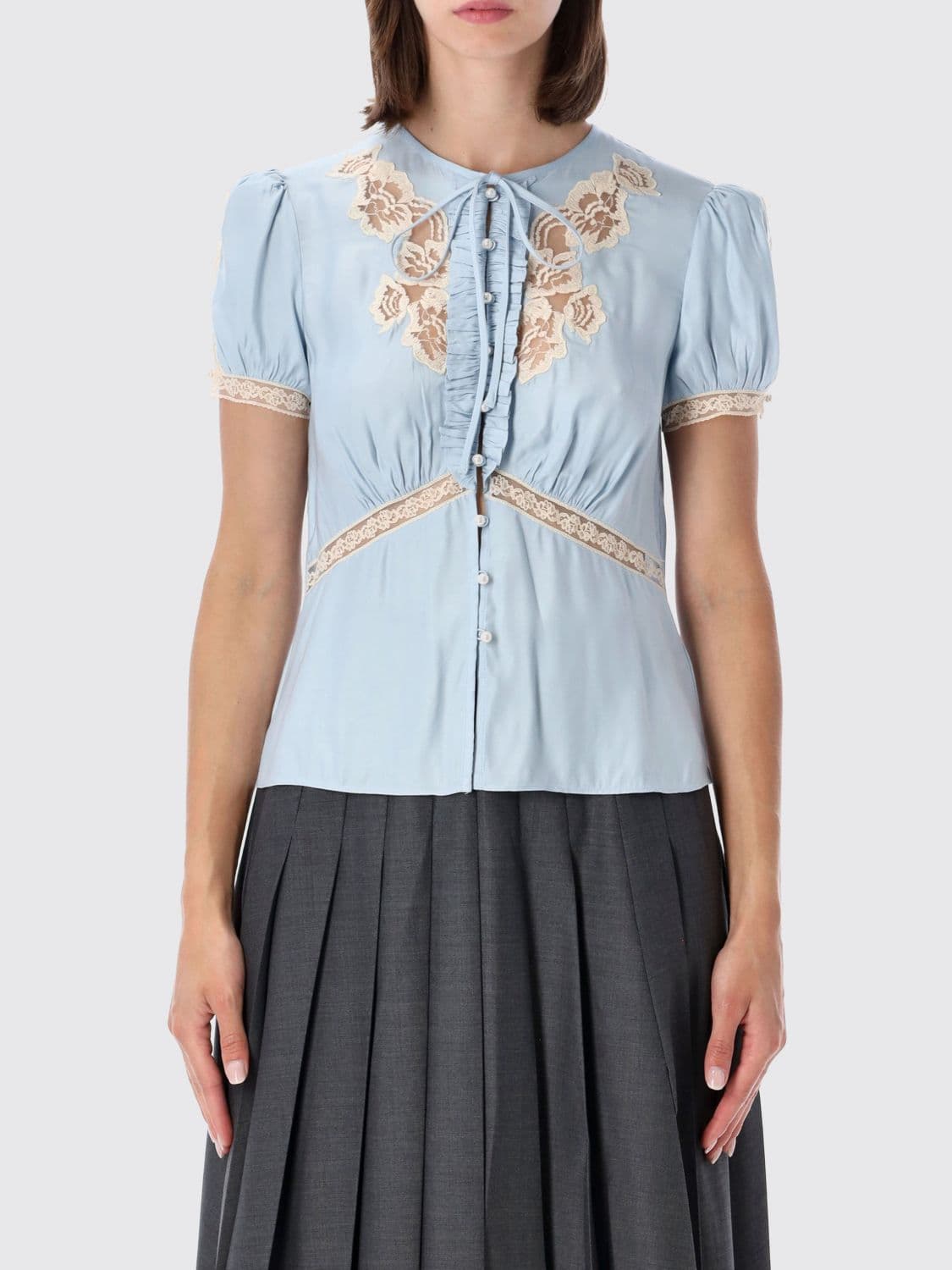 Self-Portrait Slim Fit Lace Blouse with Short Puff Sleeves
