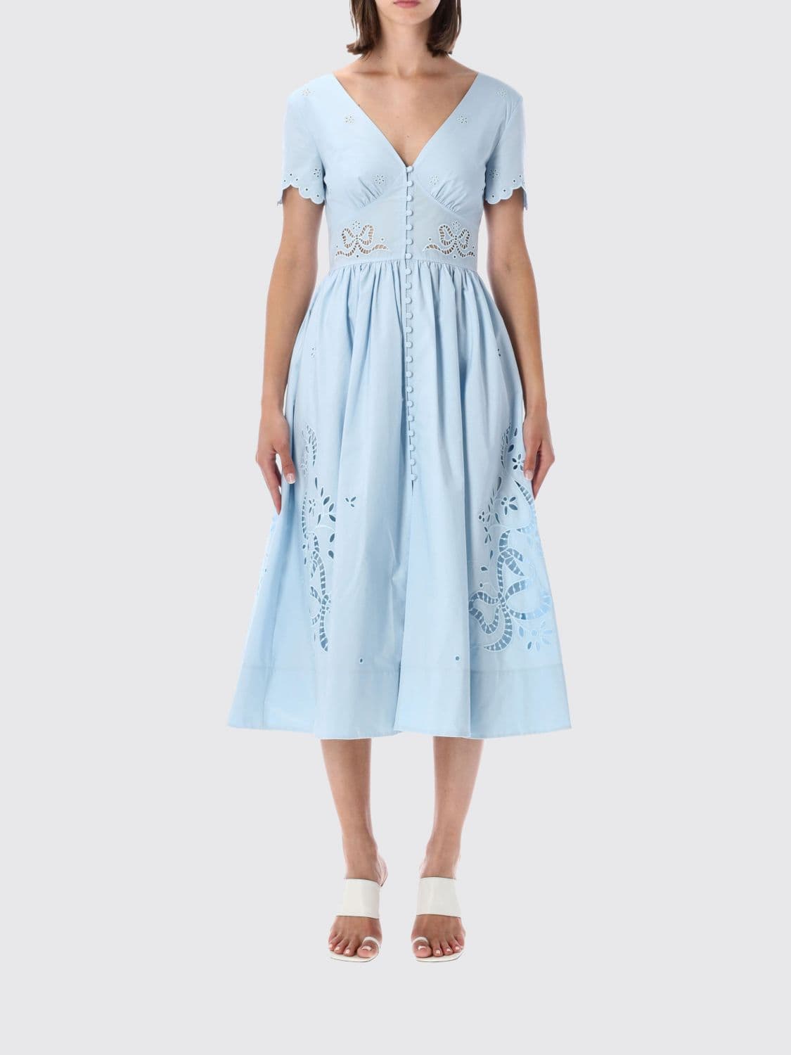 Self-Portrait A-Line Midi Dress in Embroidered Cotton with Lace Inserts · 6