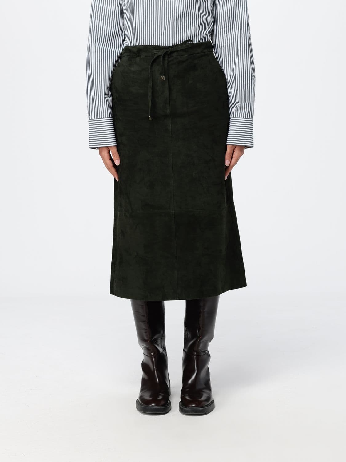 's Max Mara A-Line Midi Skirt in Suede Leather with Drawstring Waist
