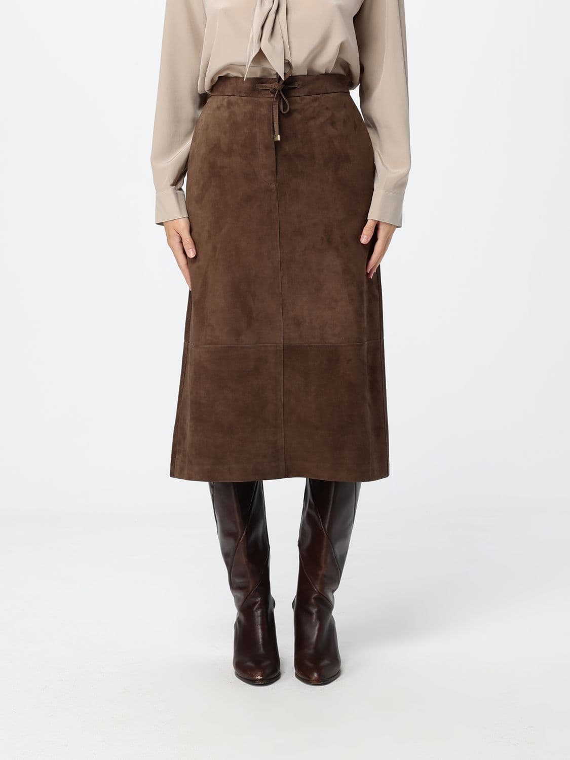 's Max Mara A-Line Midi Skirt in Suede Leather with Drawstring Waist