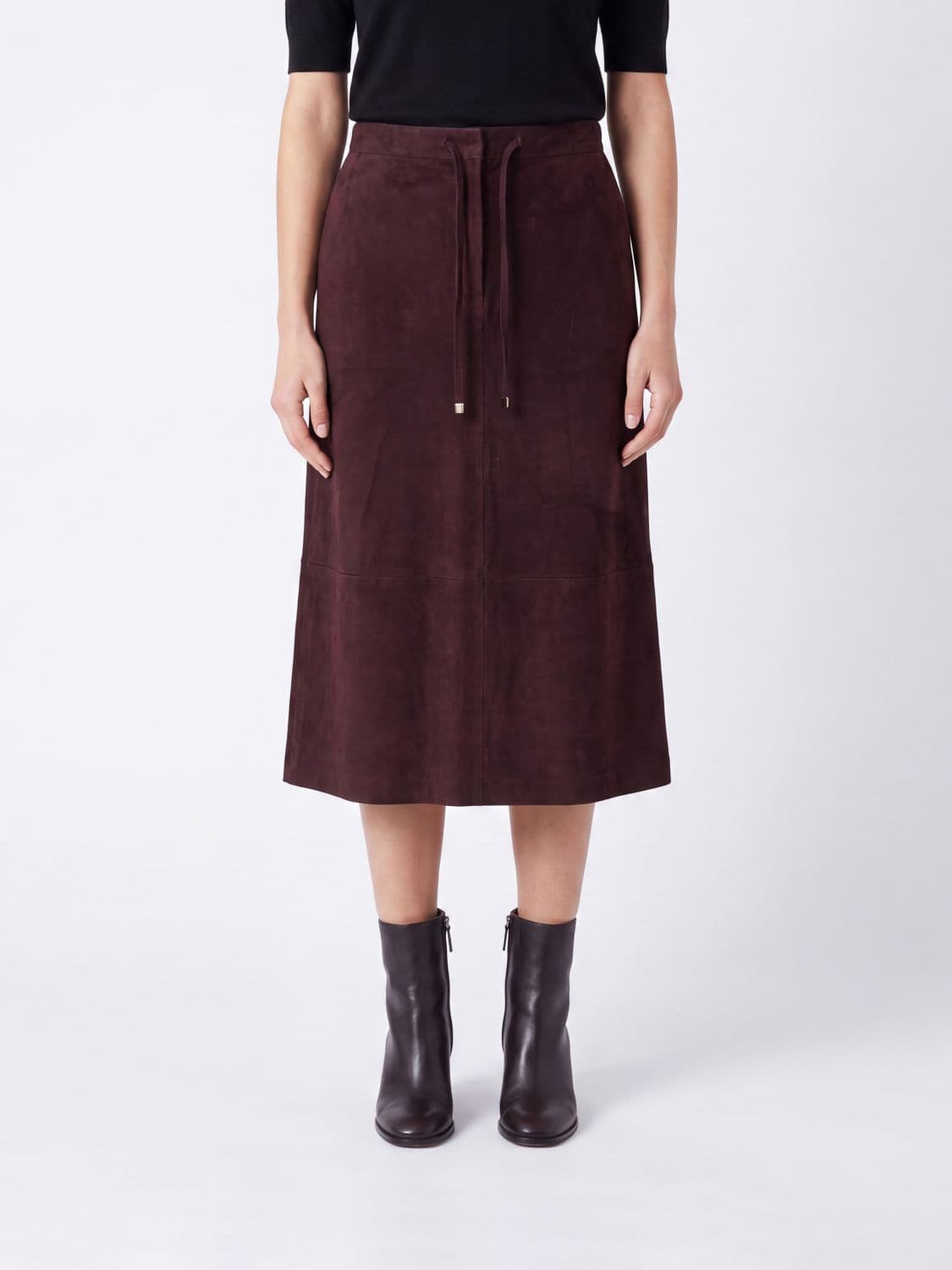 's Max Mara A-Line Midi Skirt in Suede Leather with Drawstring Waist