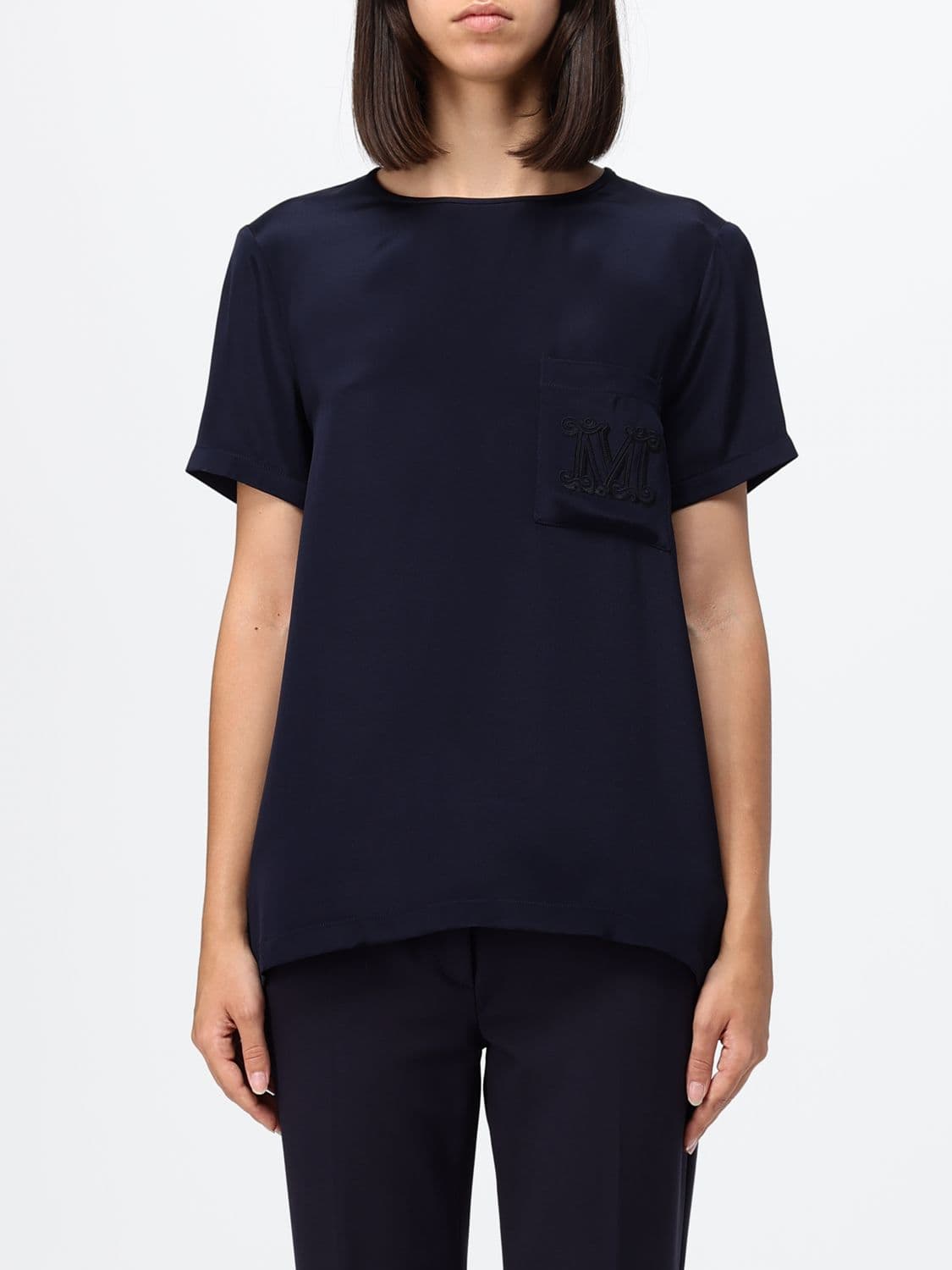 Max Mara Short-Sleeved Silk Blouse with Tone-on-Tone Monogram