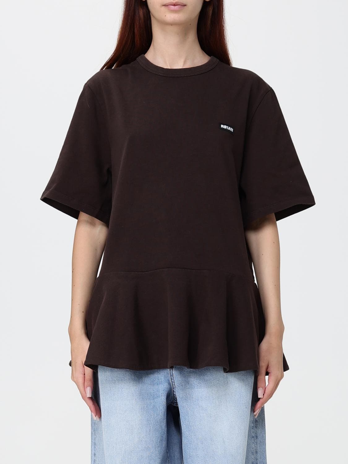 Rotate Relaxed Fit T-Shirt in Organic Cotton with Ruffles and Teardrop Neckline