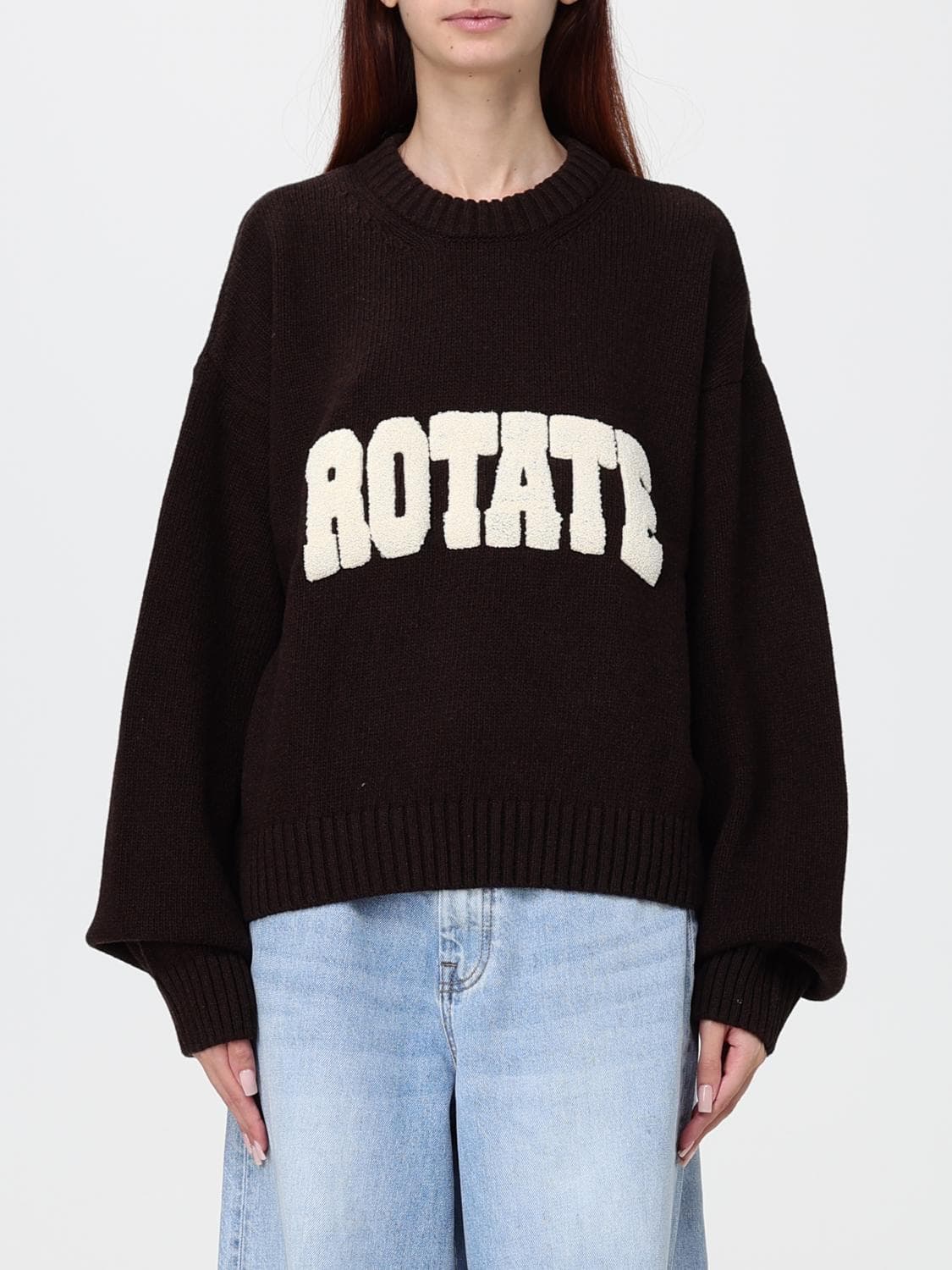 Rotate Relaxed Fit Wool Crewneck Jumper with Contrasting Jacquard Logo