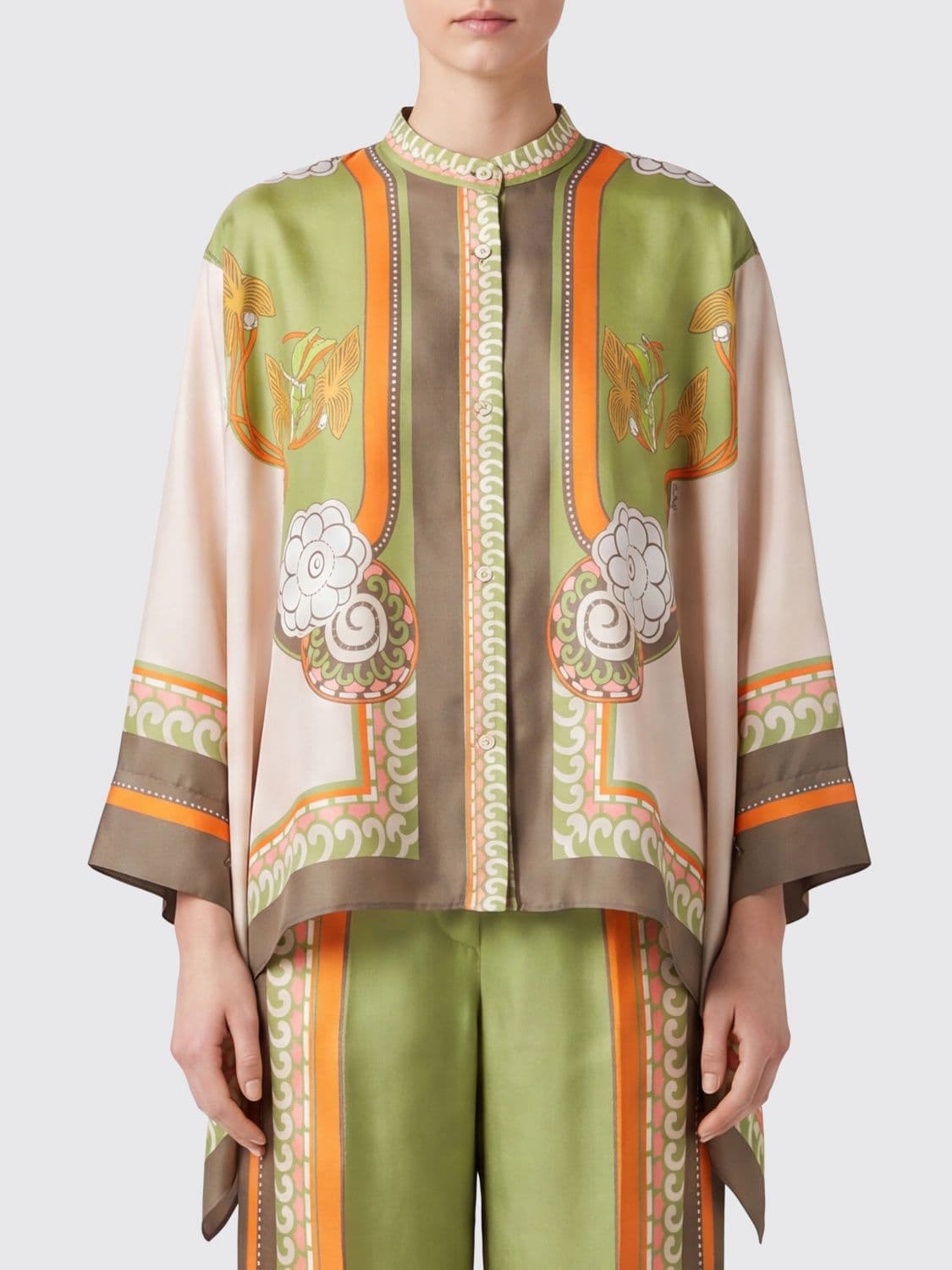 La Doublej Graphic Print Pure Silk Shirt with Mandarin Collar