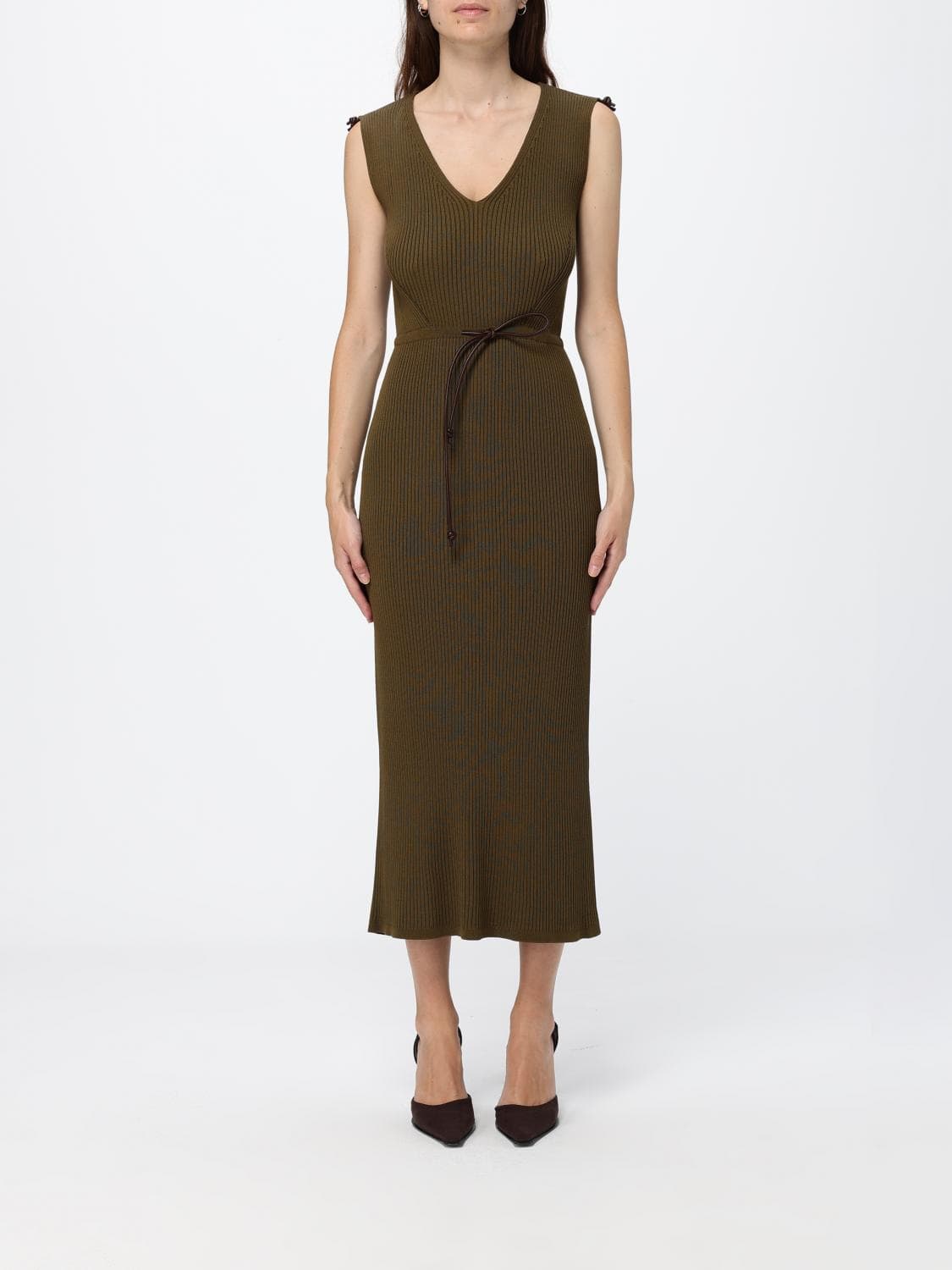 Max Mara Slim Fit V-Neck Knit Midi Dress with Waist Tie