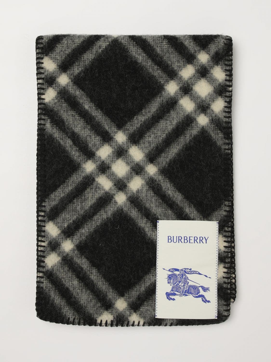 Burberry Pure Wool Scarf with Check Pattern and Equestrian Knight Logo · OS