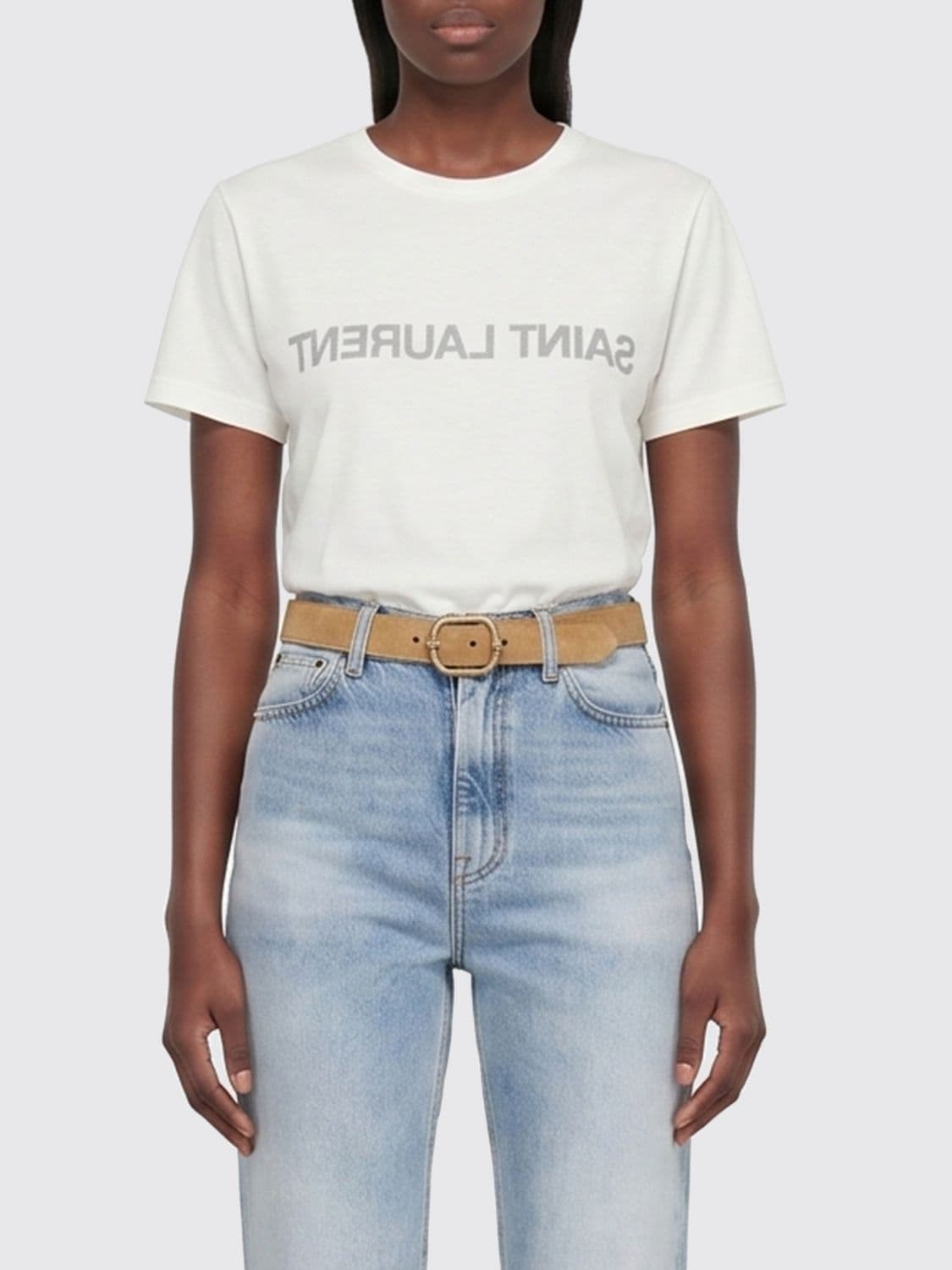 Saint Laurent Cotton T-Shirt with Contrasting Front Logo Print