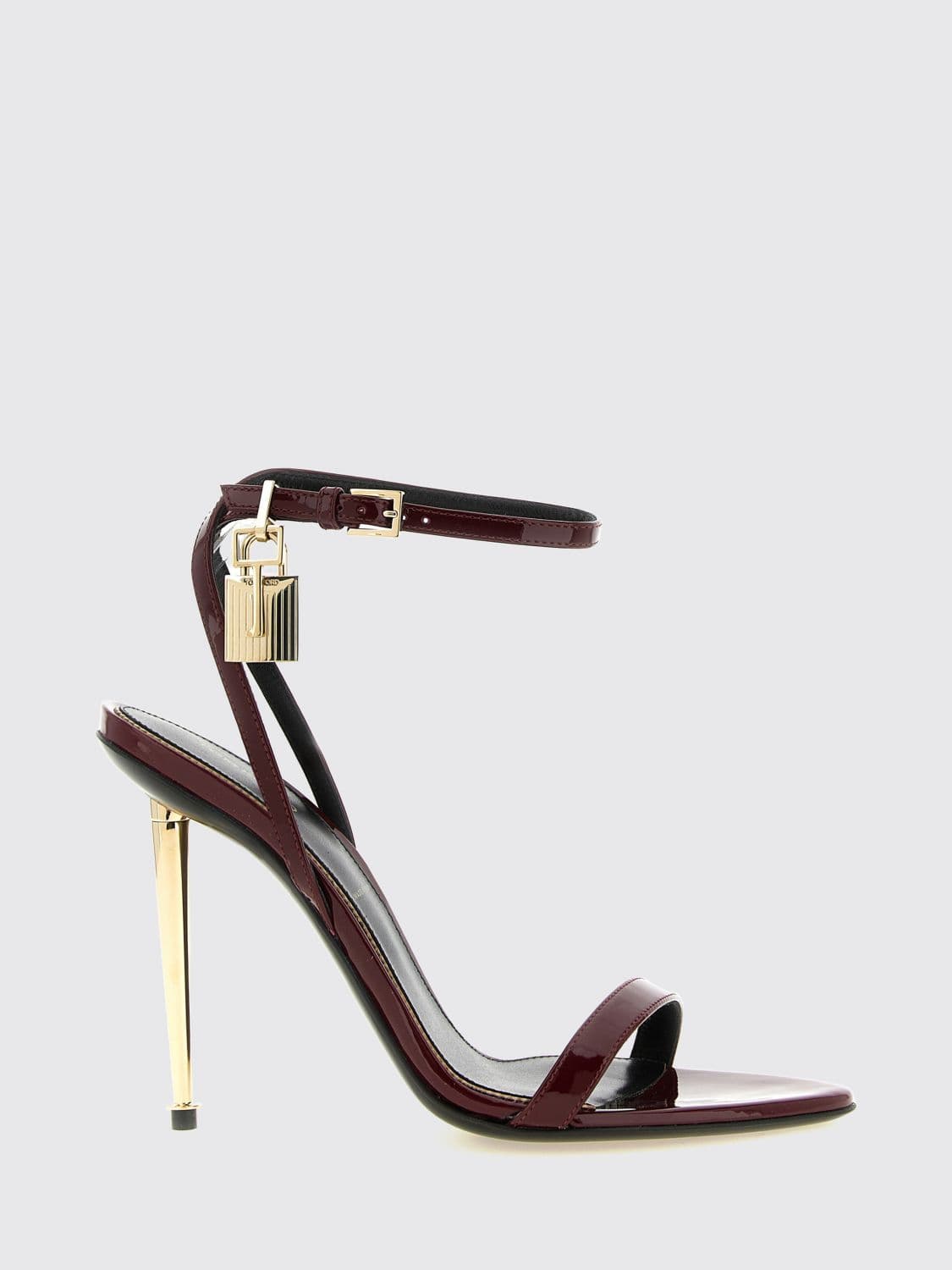 Tom Ford Padlock Patent Leather Stiletto Sandals with Lock Detail