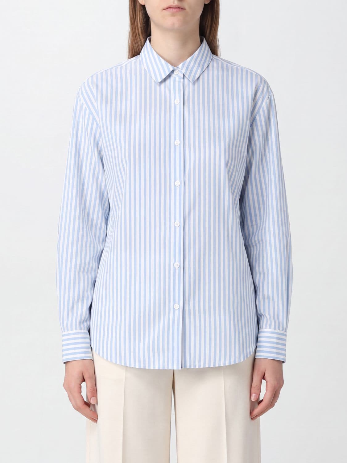 Mc2 Saint Barth Striped Cotton Shirt with Long Sleeves and a Curved Hem