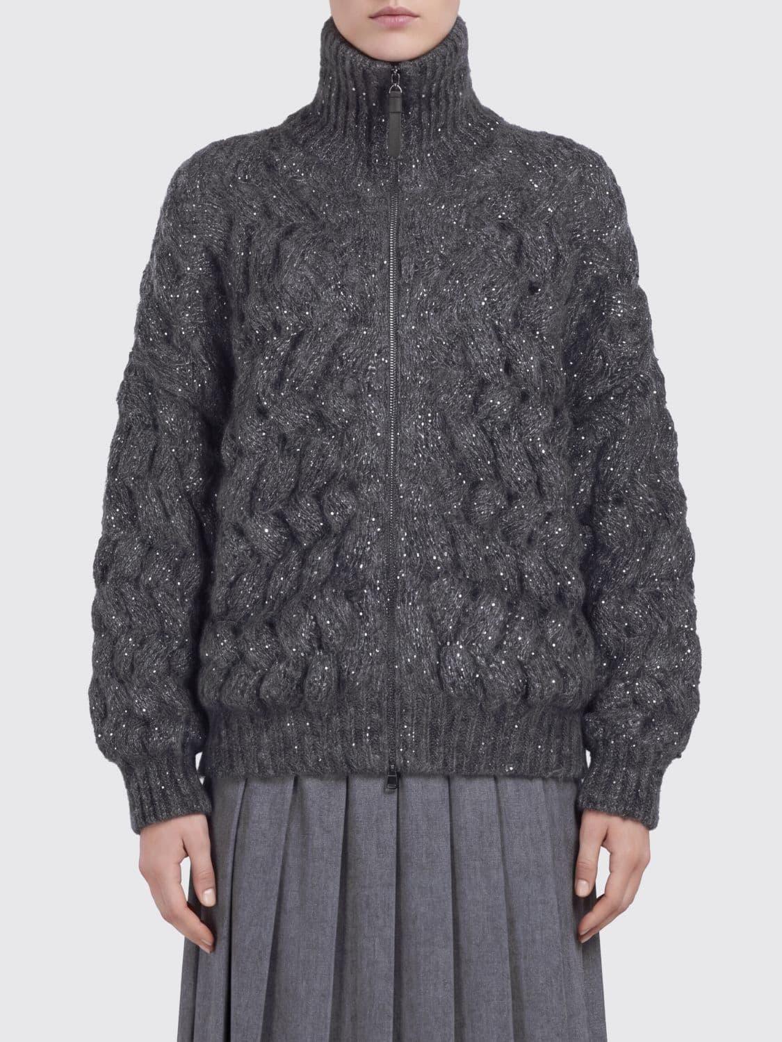 Brunello Cucinelli Open-Knit Mohair Wool Cardigan with Zip and Sailor Collar