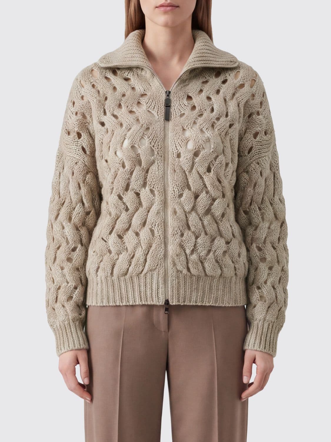 Brunello Cucinelli Open-Knit Mohair Wool Cardigan with Zip and Sailor Collar