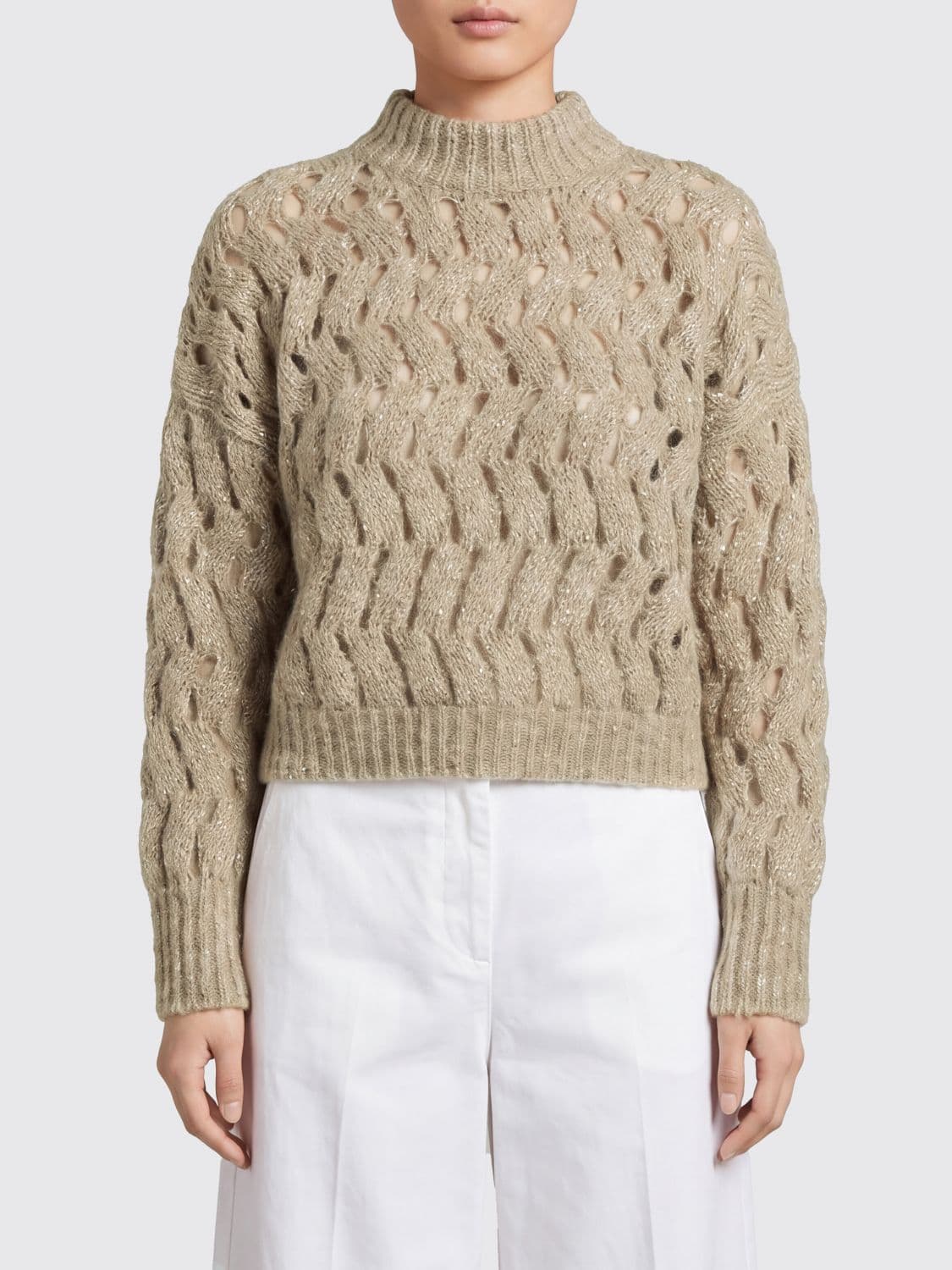 Brunello Cucinelli Open-Knit Mohair Wool Crewneck Jumper with Sequins