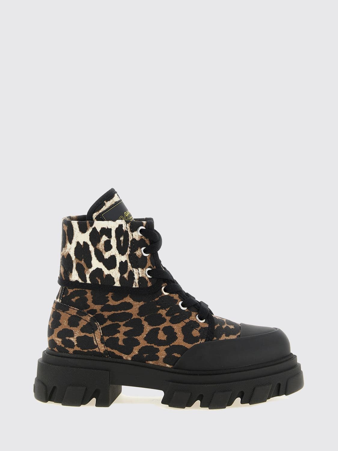 Ganni Animalier Print Organic Cotton Lace-Up Combat Boots with Lug Sole