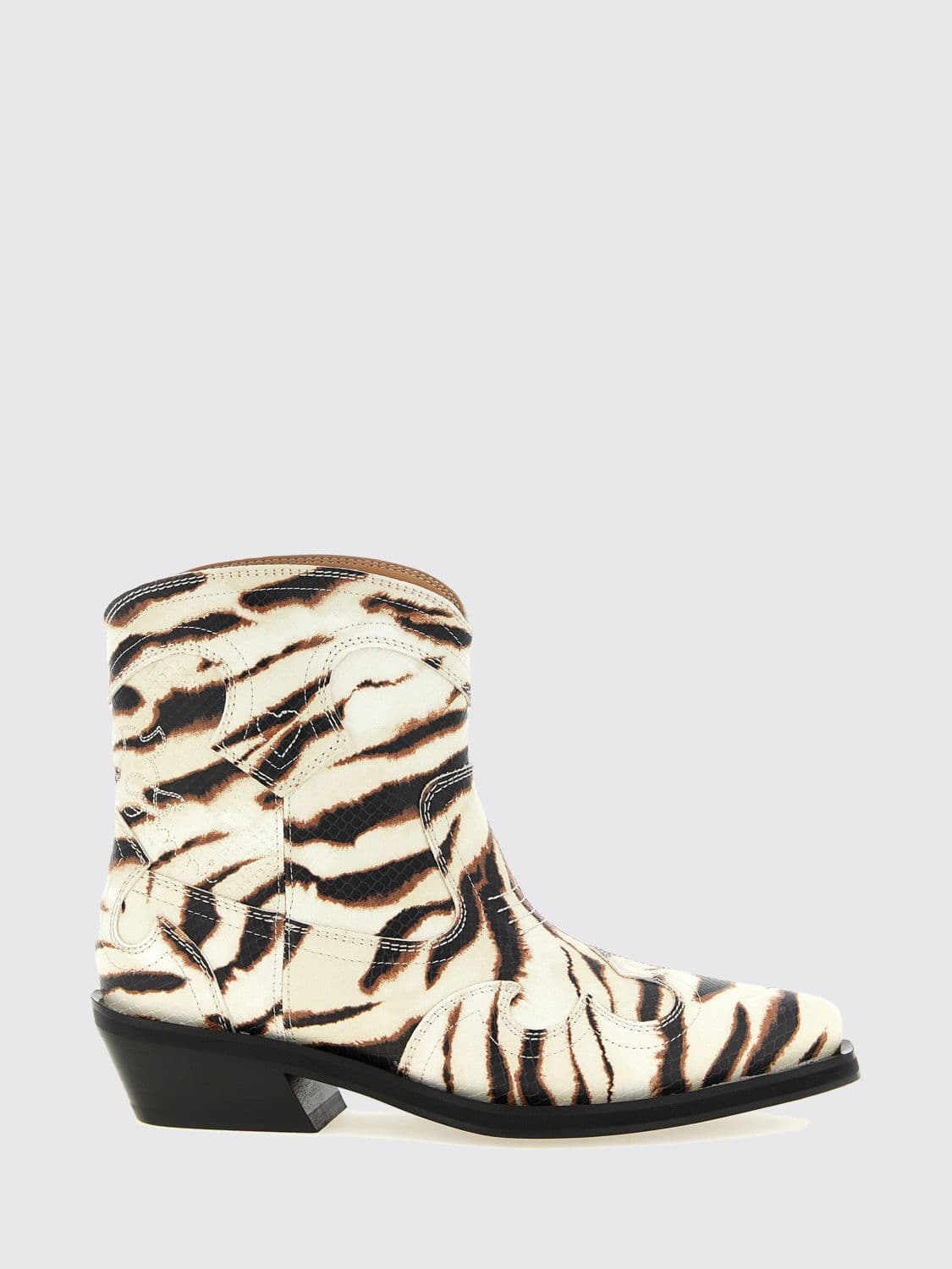 Ganni Low-Shaft Zebra Print Cowboy Boots with an Almond Toe