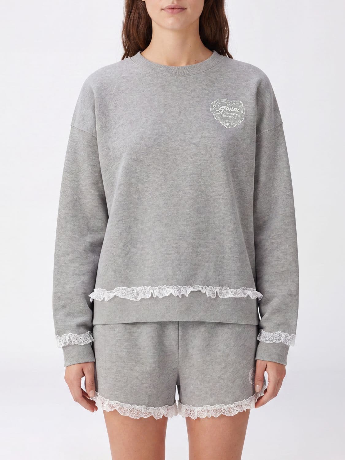 Ganni Crewneck Jumper in Organic Cotton with Embroidered Lace Inserts