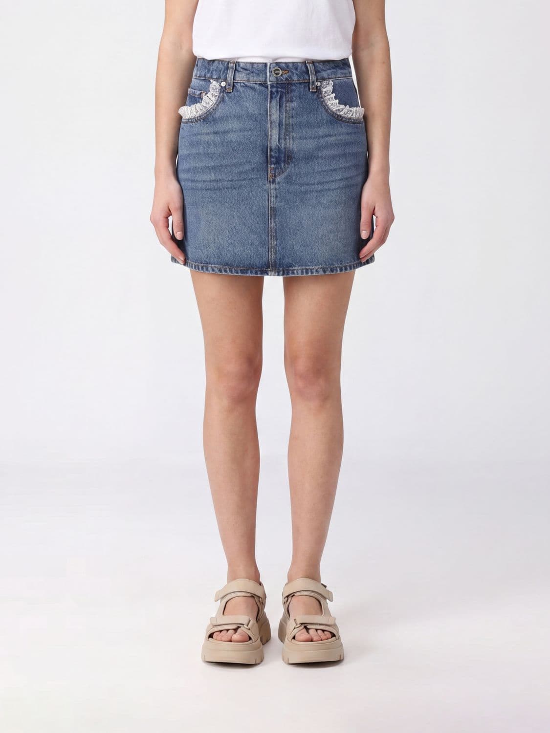 Ganni High-Waisted Denim Pencil Mini Skirt with Lace Inserts