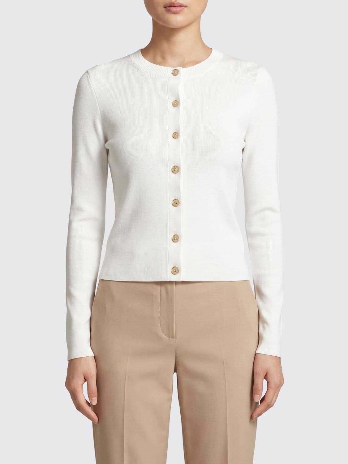 Michael Kors Merino Wool-Blend Crewneck Cardigan with Button Closure